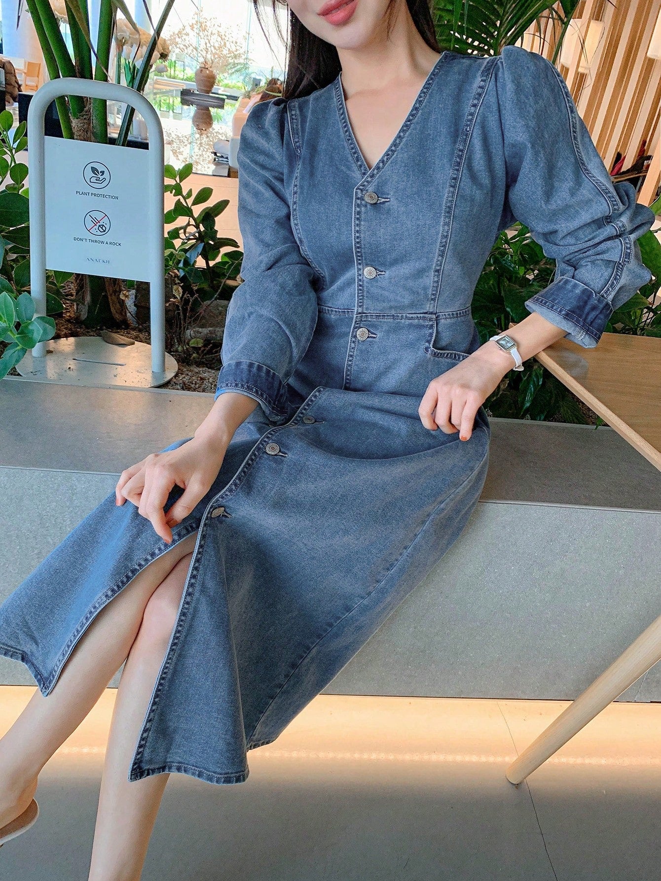 CM-DS121014 Women Casual Seoul Style V-Neck Puff Sleeve High Waist Loose Denim Dress - Blue