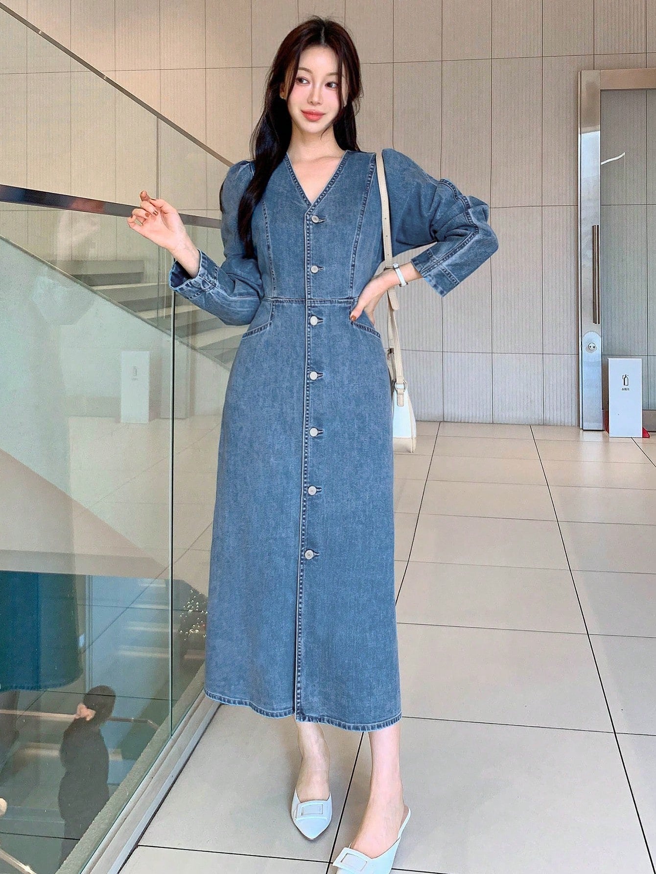 CM-DS121014 Women Casual Seoul Style V-Neck Puff Sleeve High Waist Loose Denim Dress - Blue