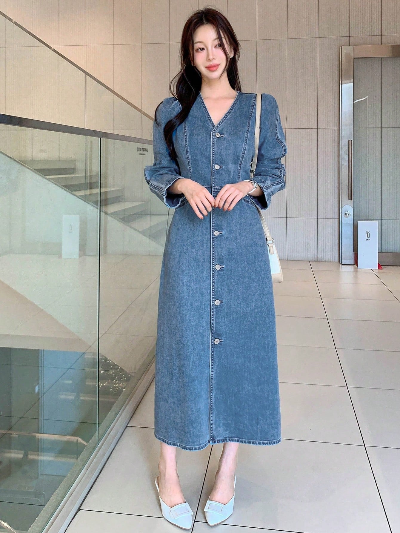 CM-DS121014 Women Casual Seoul Style V-Neck Puff Sleeve High Waist Loose Denim Dress - Blue