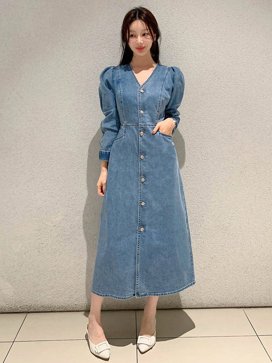 CM-DS121014 Women Casual Seoul Style V-Neck Puff Sleeve High Waist Loose Denim Dress - Blue