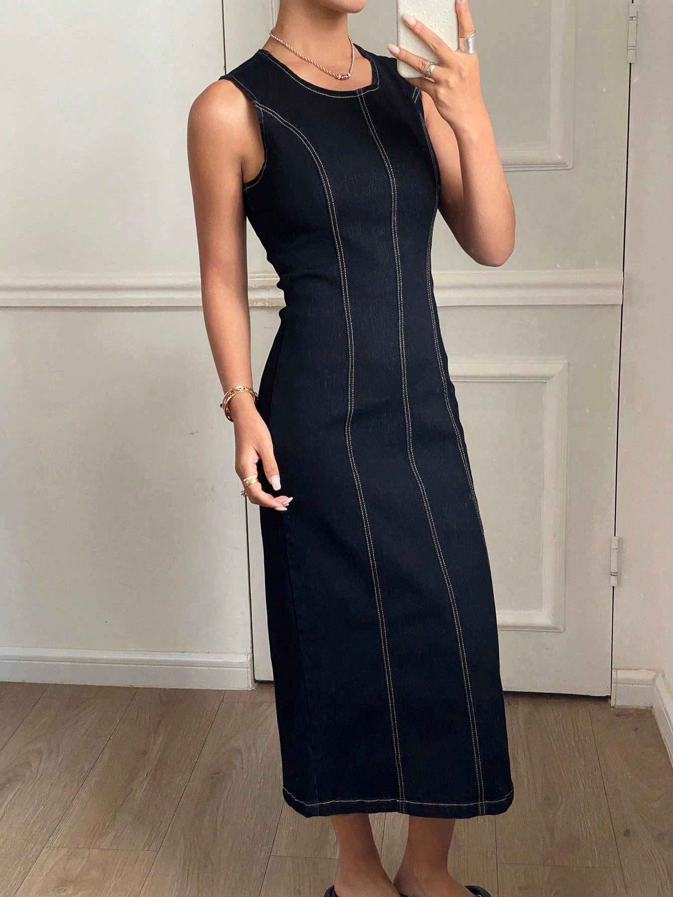 CM-DS900768 Women Casual Seoul Style Round Neck Sleeveless Split Midi Denim Dress - Black