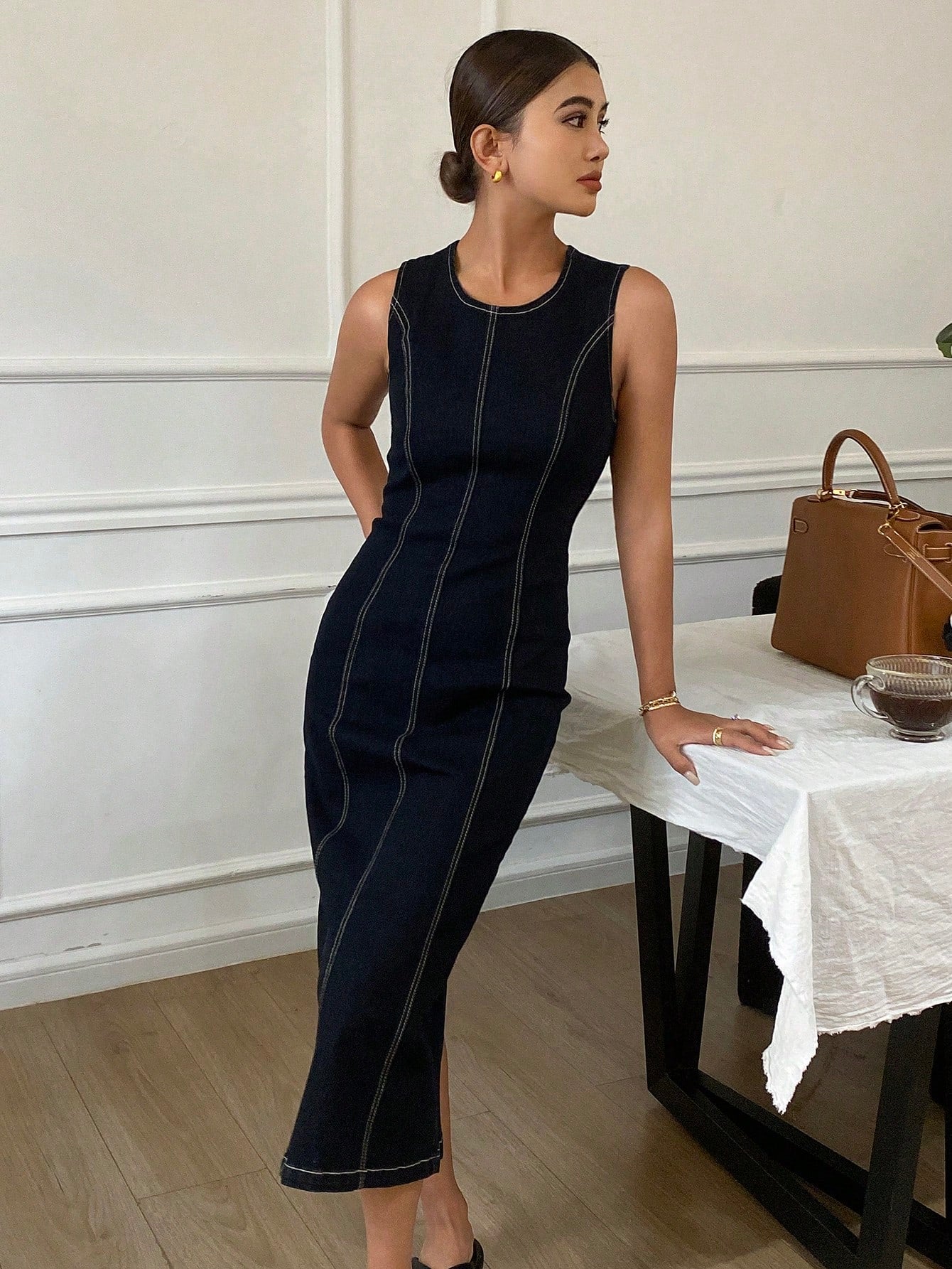 CM-DS900768 Women Casual Seoul Style Round Neck Sleeveless Split Midi Denim Dress - Black