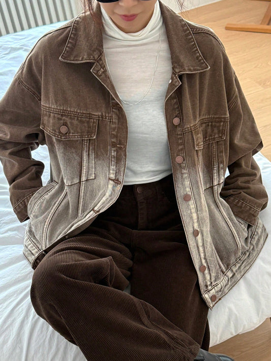 CM-CS788955 Women Casual Seoul Style Ombre Drop Shoulder Oversized Denim Jacket - Coffee Brown