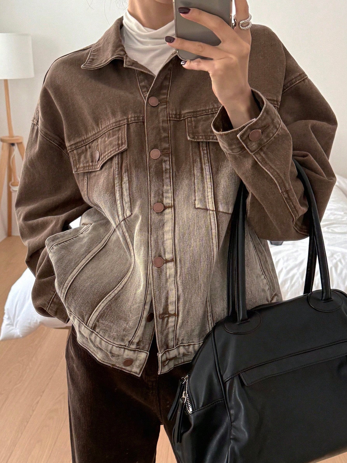 CM-CS788955 Women Casual Seoul Style Ombre Drop Shoulder Oversized Denim Jacket - Coffee Brown