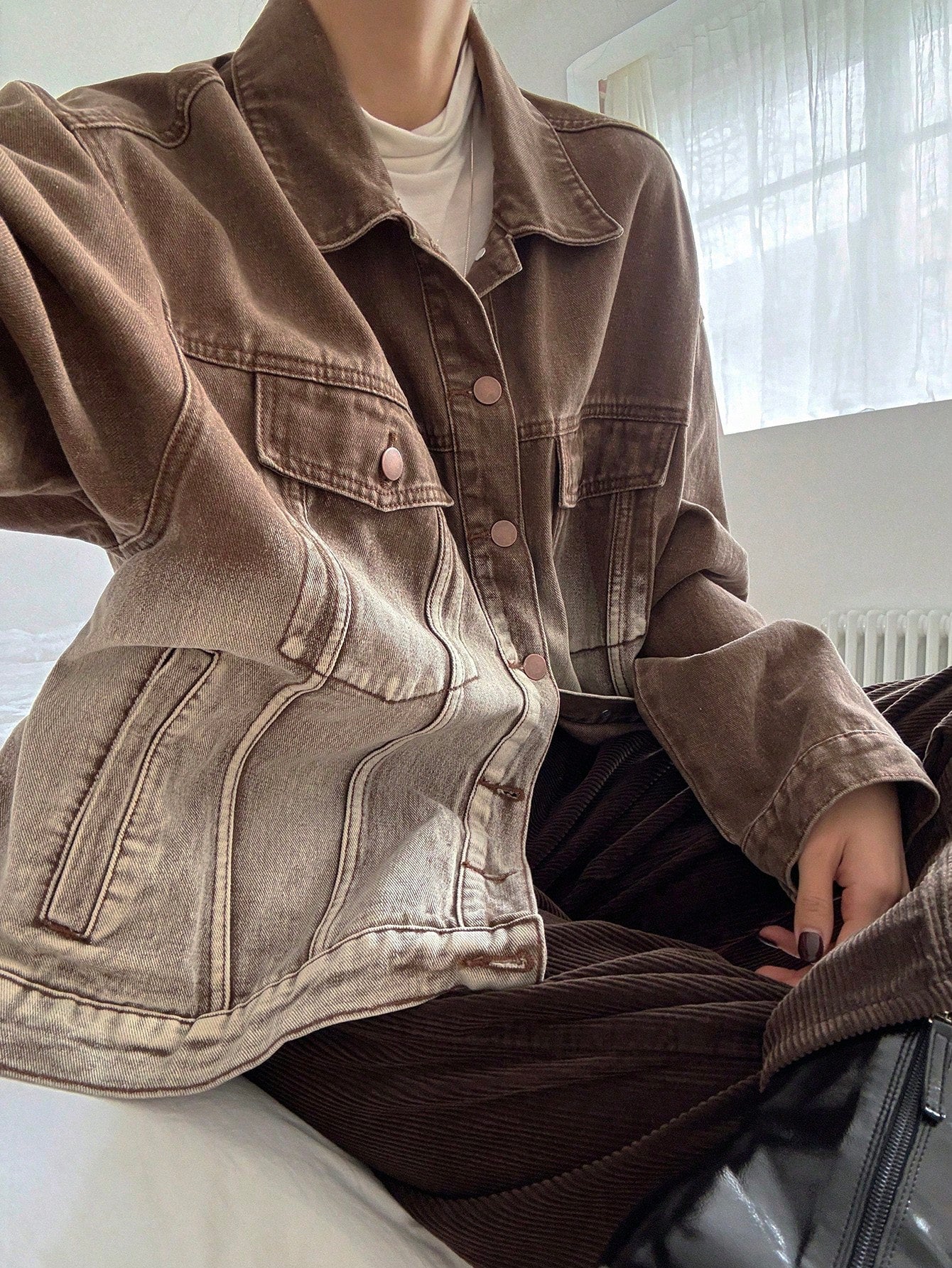 CM-CS788955 Women Casual Seoul Style Ombre Drop Shoulder Oversized Denim Jacket - Coffee Brown