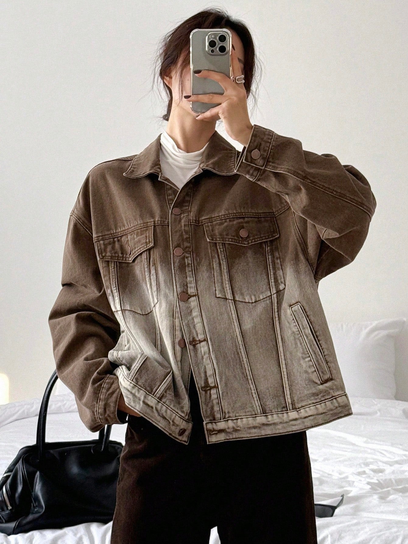 CM-CS788955 Women Casual Seoul Style Ombre Drop Shoulder Oversized Denim Jacket - Coffee Brown