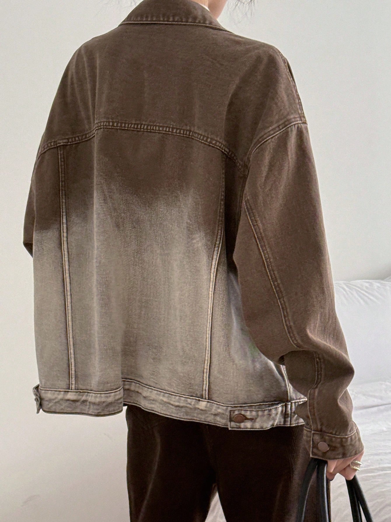 CM-CS788955 Women Casual Seoul Style Ombre Drop Shoulder Oversized Denim Jacket - Coffee Brown