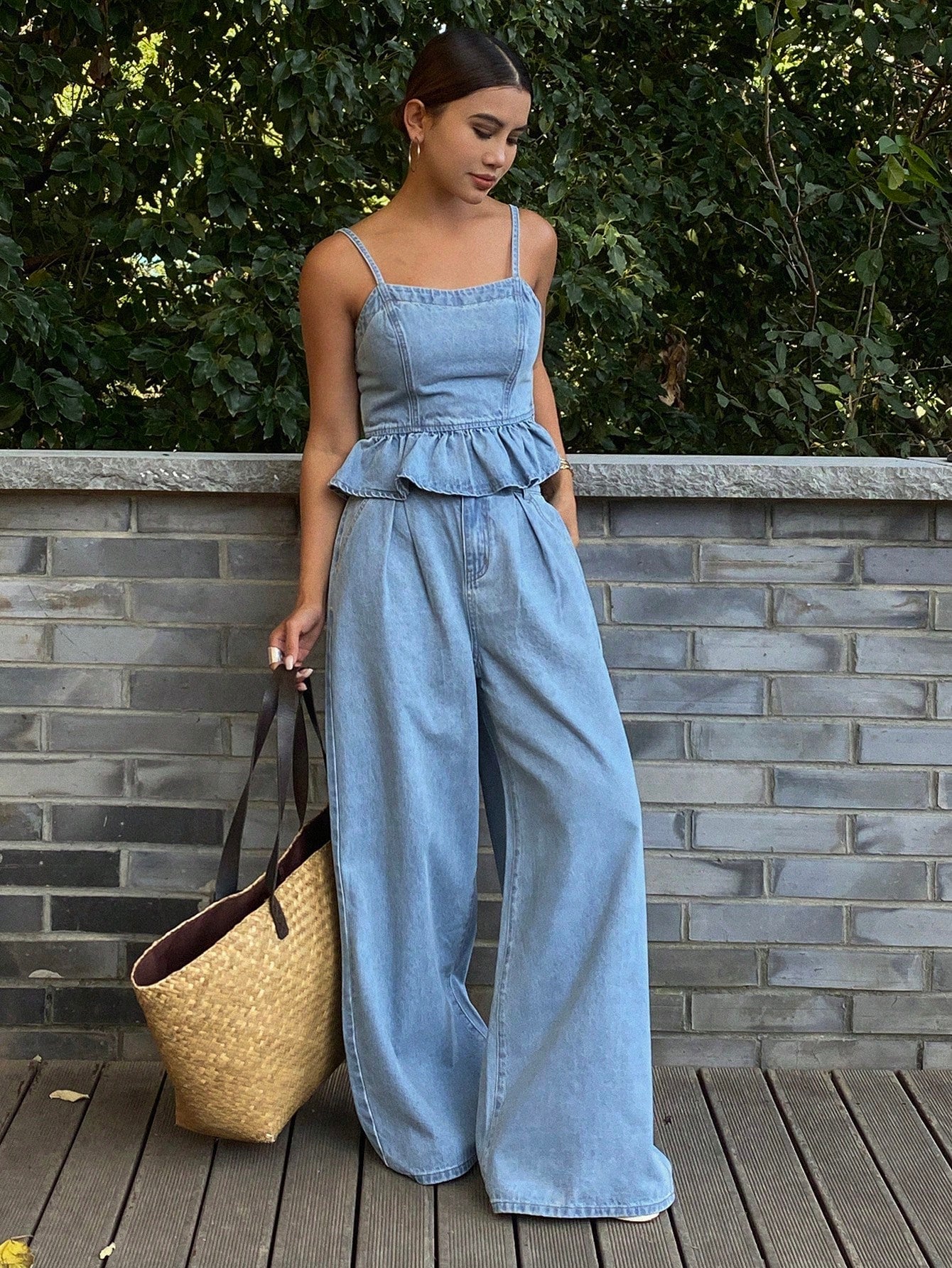 CM-SS559728 Women Casual Seoul Style Light Wash Spaghetti Strap Cami Top With Denim Pants - Set