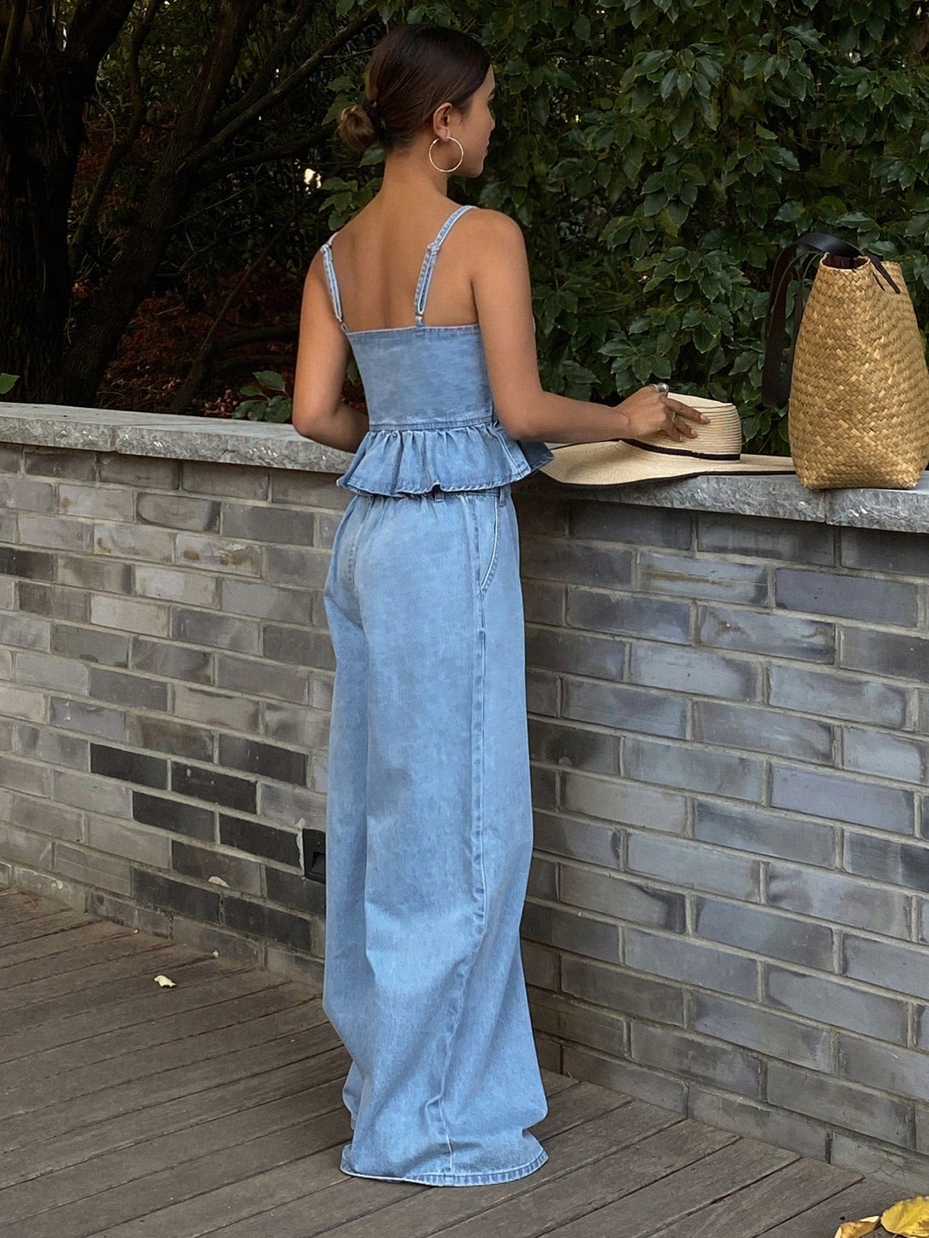 CM-SS559728 Women Casual Seoul Style Light Wash Spaghetti Strap Cami Top With Denim Pants - Set