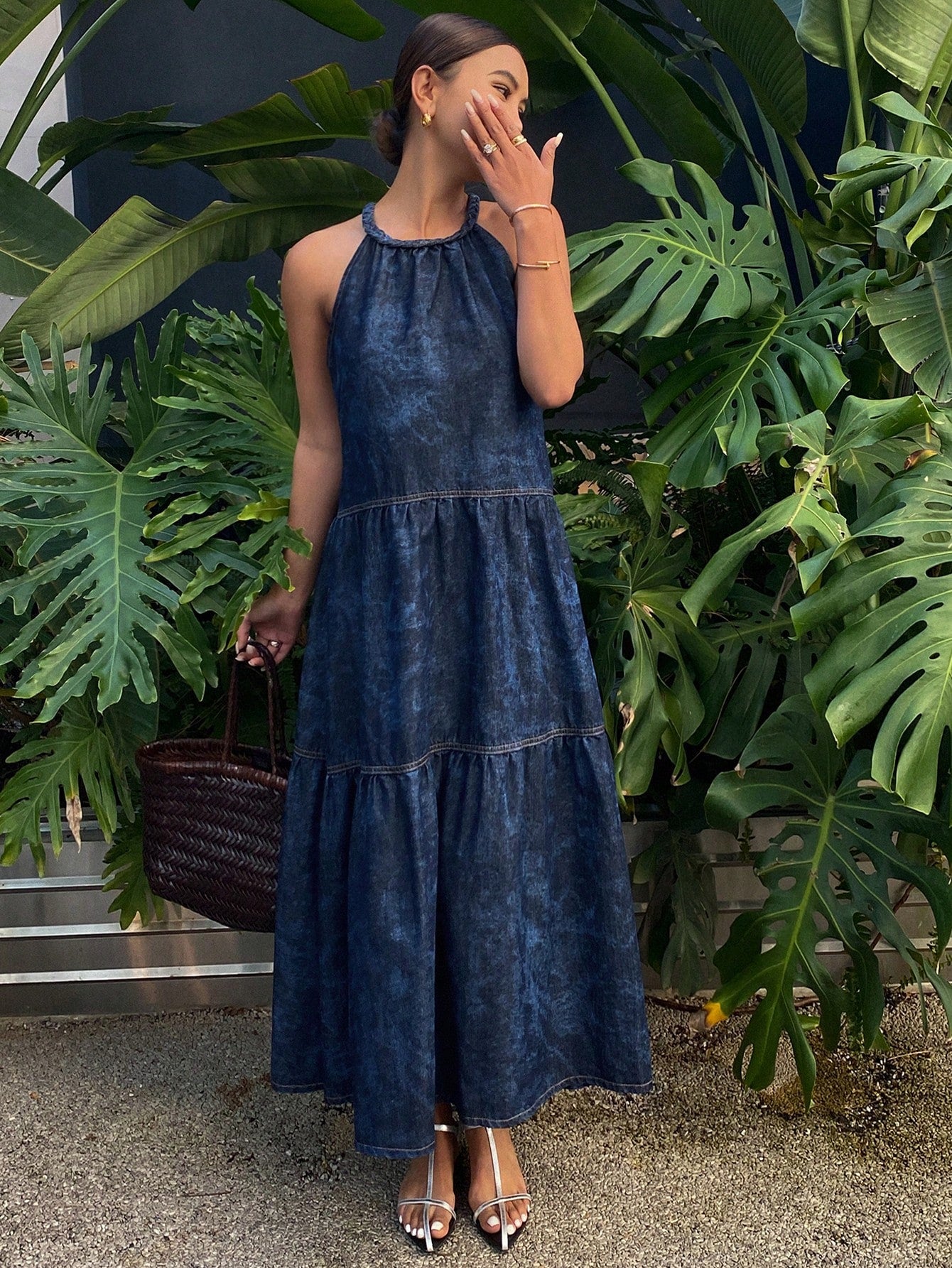 CM-DS830383 Women Trendy Bohemian Style Tie-Dyed Sleeveless Patchwork Denim Dress - Blue