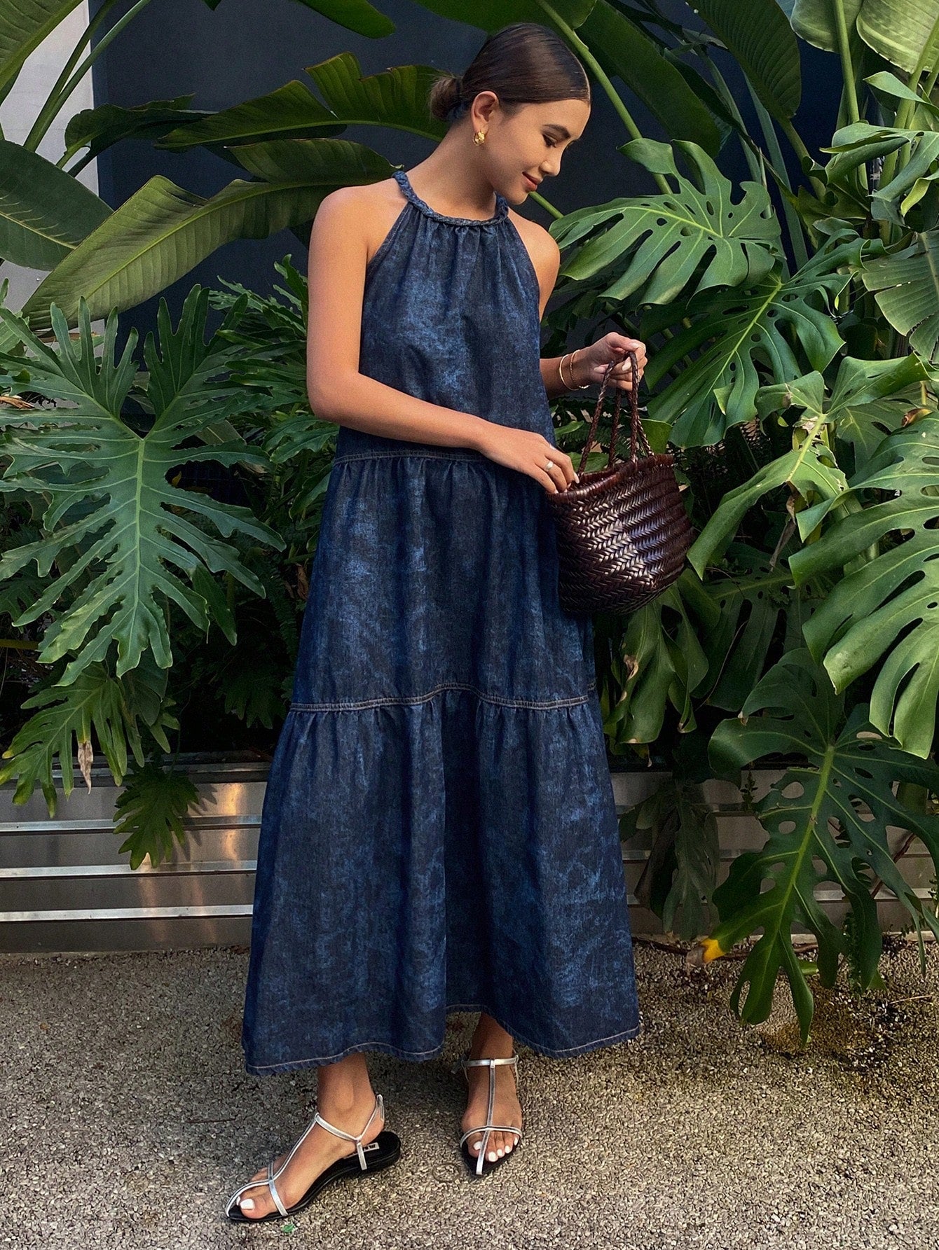 CM-DS830383 Women Trendy Bohemian Style Tie-Dyed Sleeveless Patchwork Denim Dress - Blue