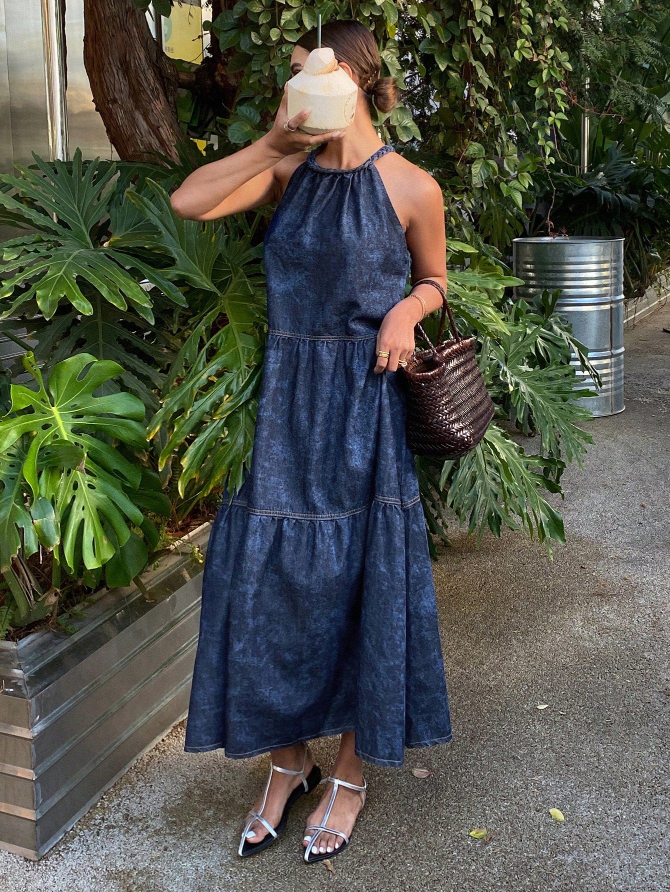 CM-DS830383 Women Trendy Bohemian Style Tie-Dyed Sleeveless Patchwork Denim Dress - Blue