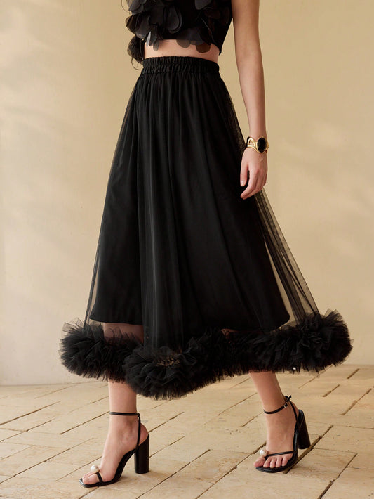 CM-BS401605 Women Elegant Seoul Style High Waist Contrast Mesh Ruffle Trim Skirt - Black