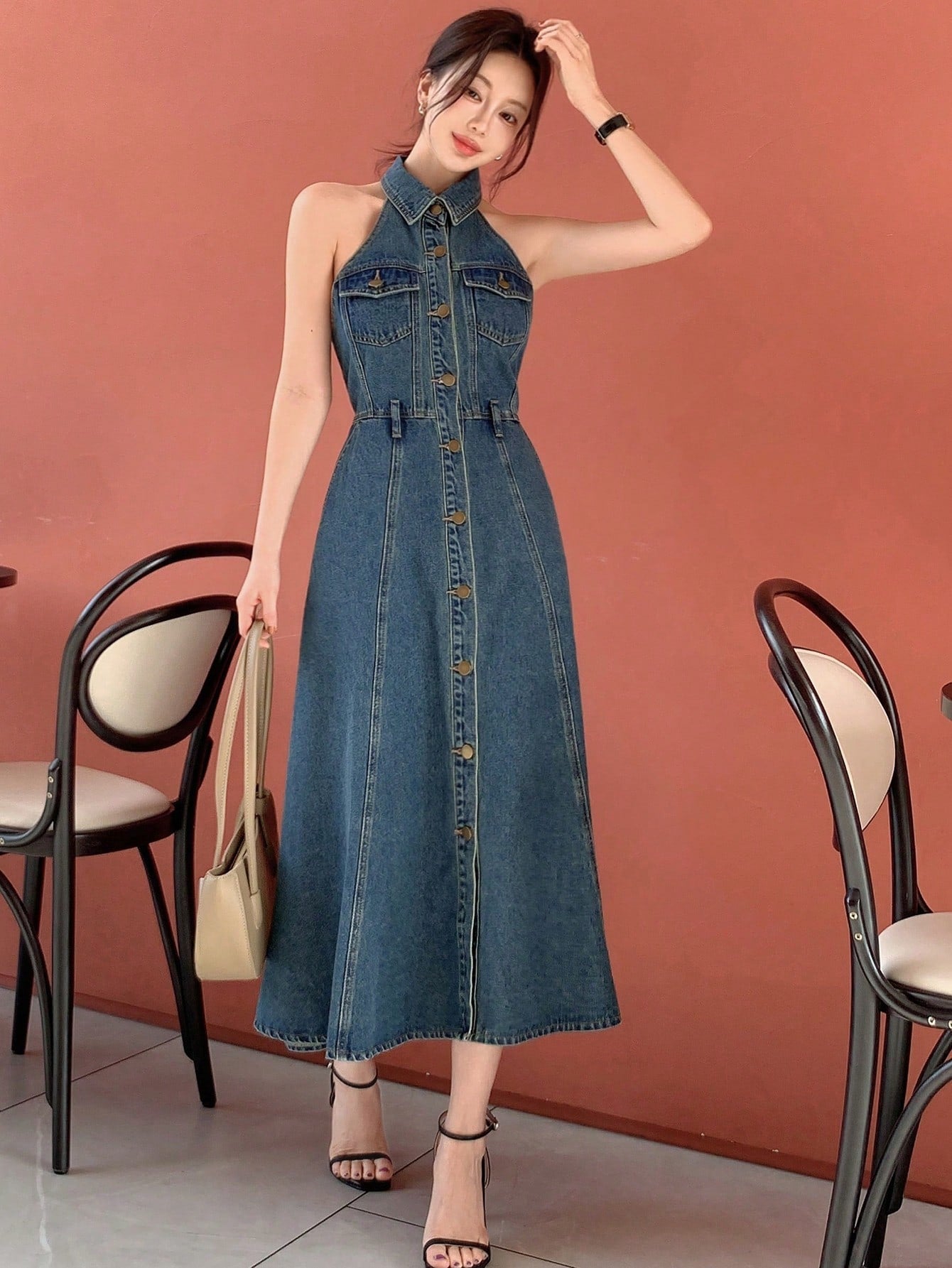 CM-DS374418 Women Casual Seoul Style Medium Wash Halter Neckline Sleeveless Button Denim Dress