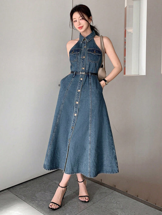 CM-DS374418 Women Casual Seoul Style Medium Wash Halter Neckline Sleeveless Button Denim Dress