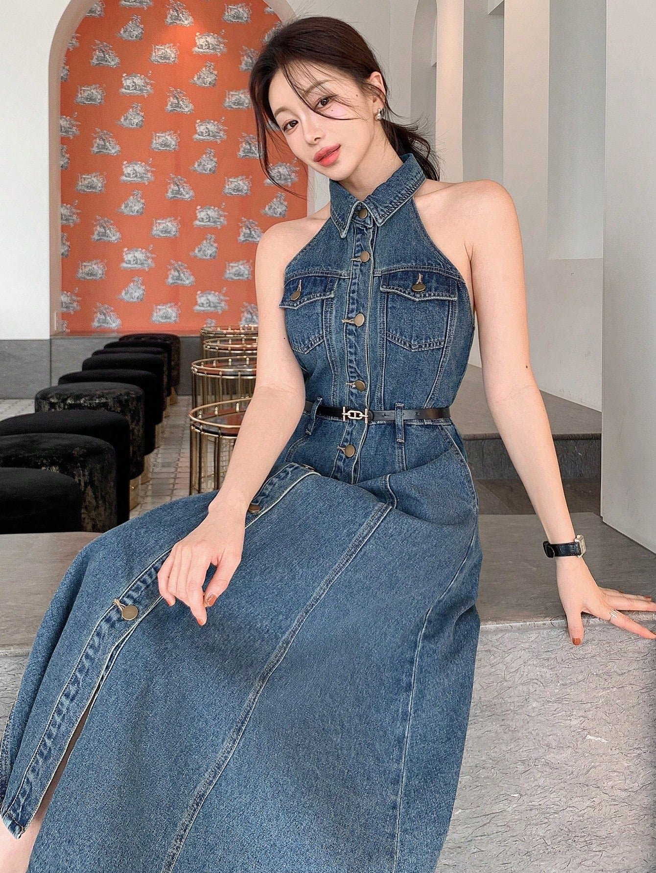 CM-DS374418 Women Casual Seoul Style Medium Wash Halter Neckline Sleeveless Button Denim Dress