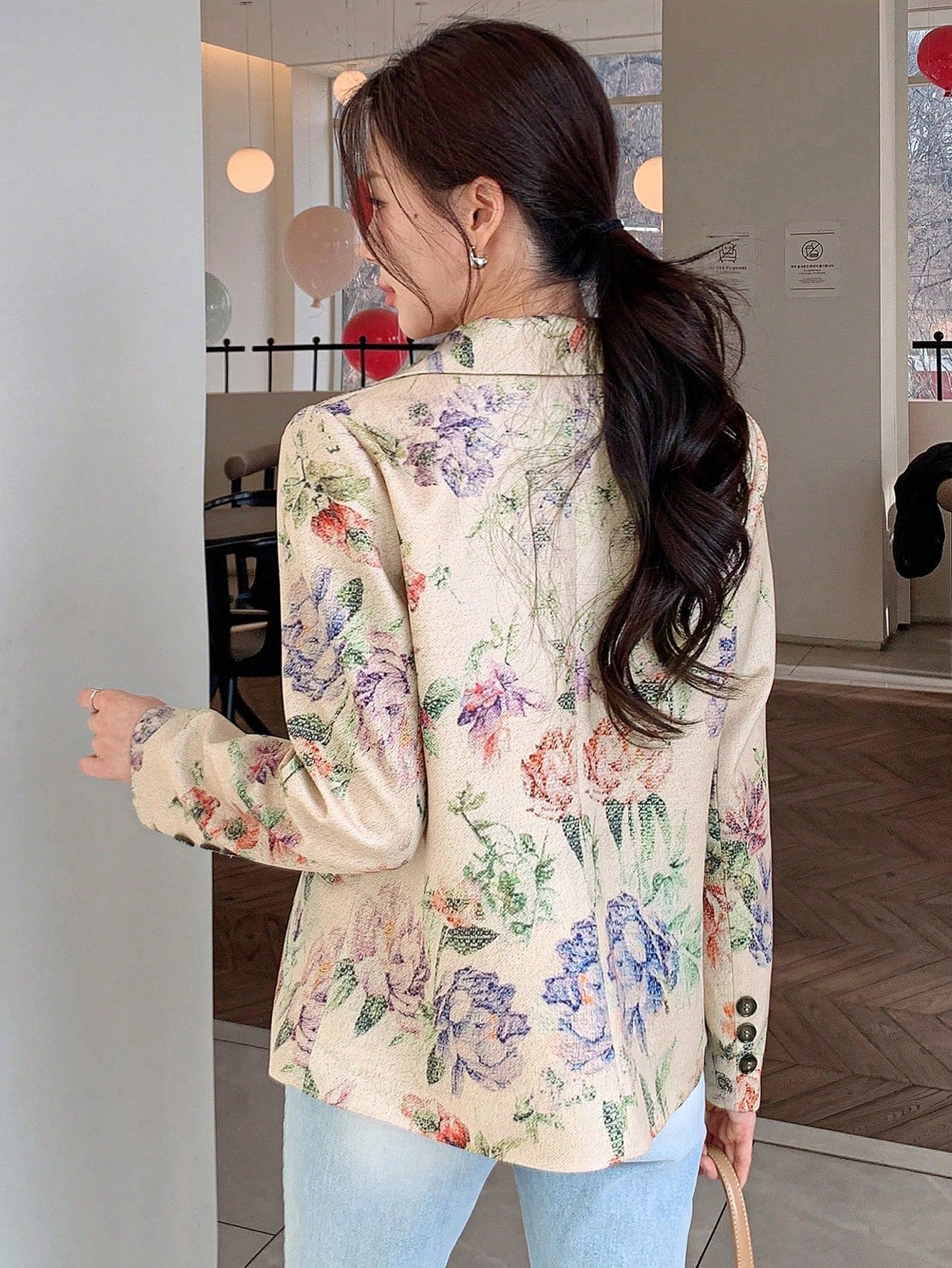 CM-CS298177 Women Casual Seoul Style Floral Print Lapel Neckline Long Sleeve Loose Blazer - Apricot