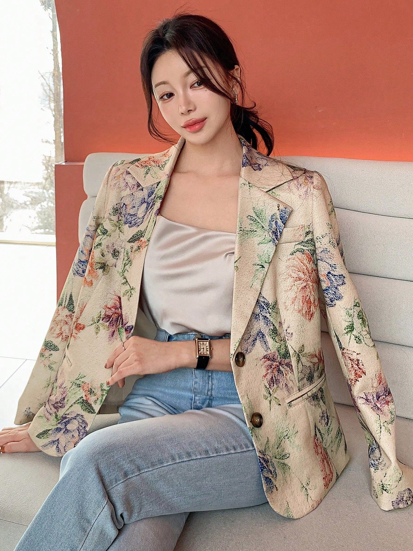 CM-CS298177 Women Casual Seoul Style Floral Print Lapel Neckline Long Sleeve Loose Blazer - Apricot