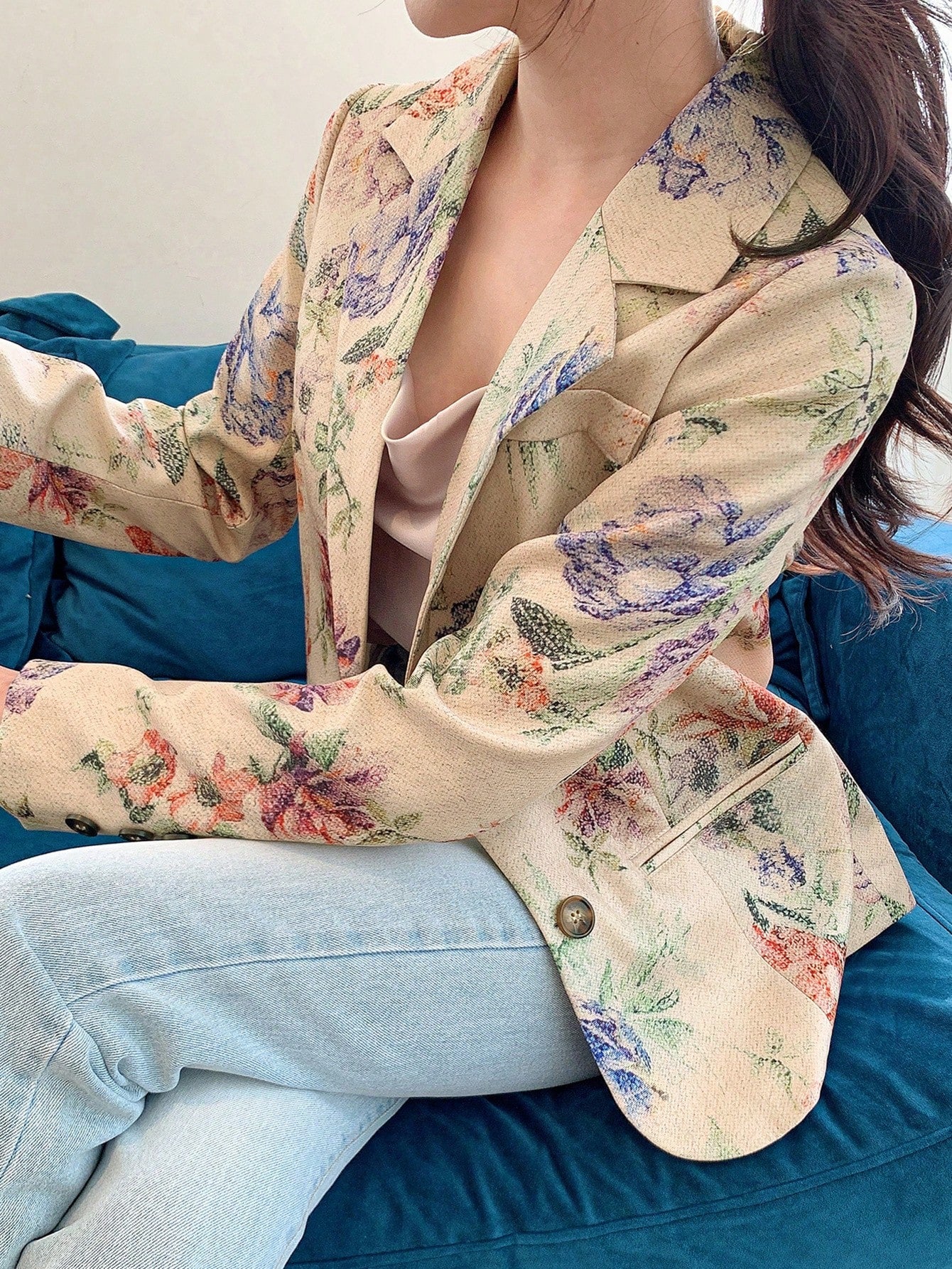 CM-CS298177 Women Casual Seoul Style Floral Print Lapel Neckline Long Sleeve Loose Blazer - Apricot