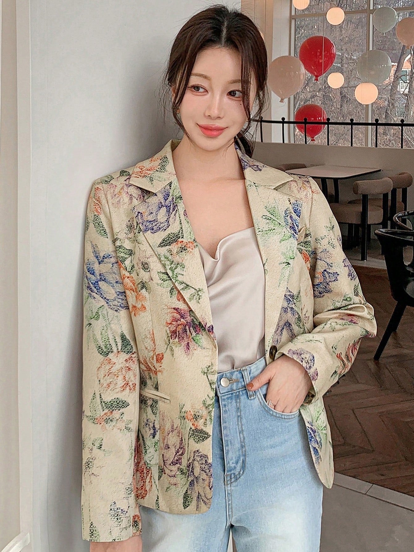 CM-CS298177 Women Casual Seoul Style Floral Print Lapel Neckline Long Sleeve Loose Blazer - Apricot