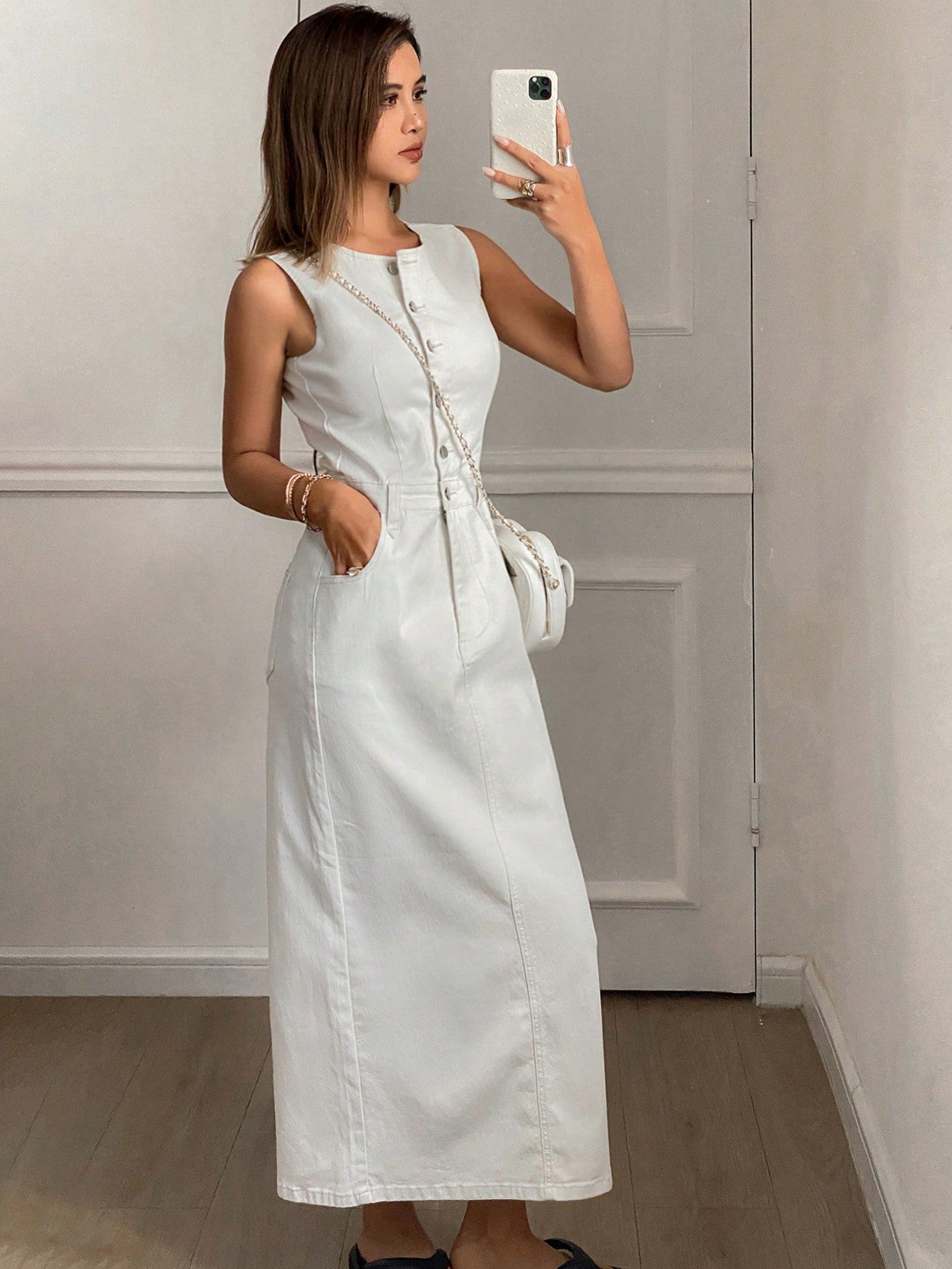 CM-DS877050 Women Casual Seoul Style Single-Breasted Pocketed Sleeveless Denim Dress - White