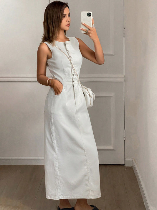 CM-DS877050 Women Casual Seoul Style Single-Breasted Pocketed Sleeveless Denim Dress - White