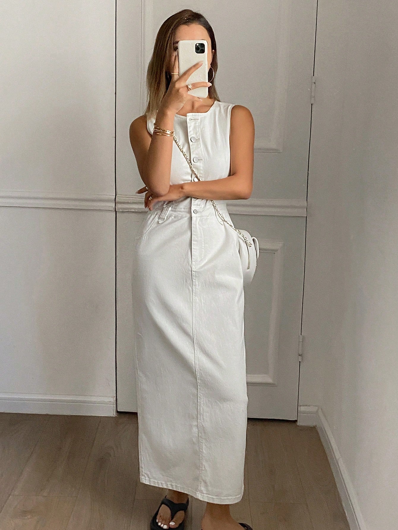 CM-DS877050 Women Casual Seoul Style Single-Breasted Pocketed Sleeveless Denim Dress - White