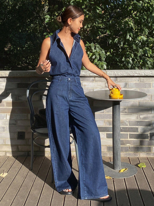 CM-SS198411 Women Casual Seoul Style Dark Wash Sleeveless Shirt With Extra Long Denim Pants - Set