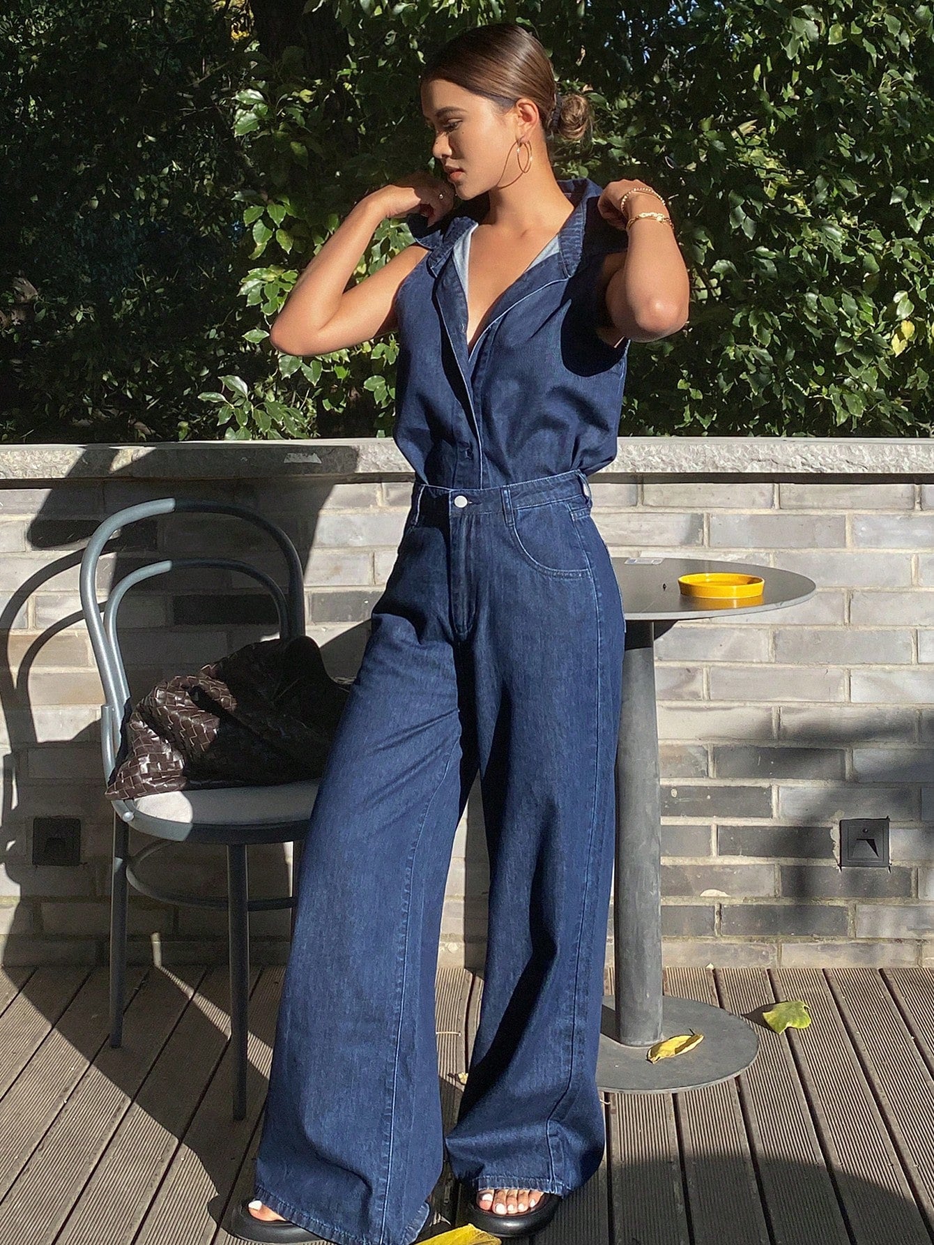 CM-SS198411 Women Casual Seoul Style Dark Wash Sleeveless Shirt With Extra Long Denim Pants - Set