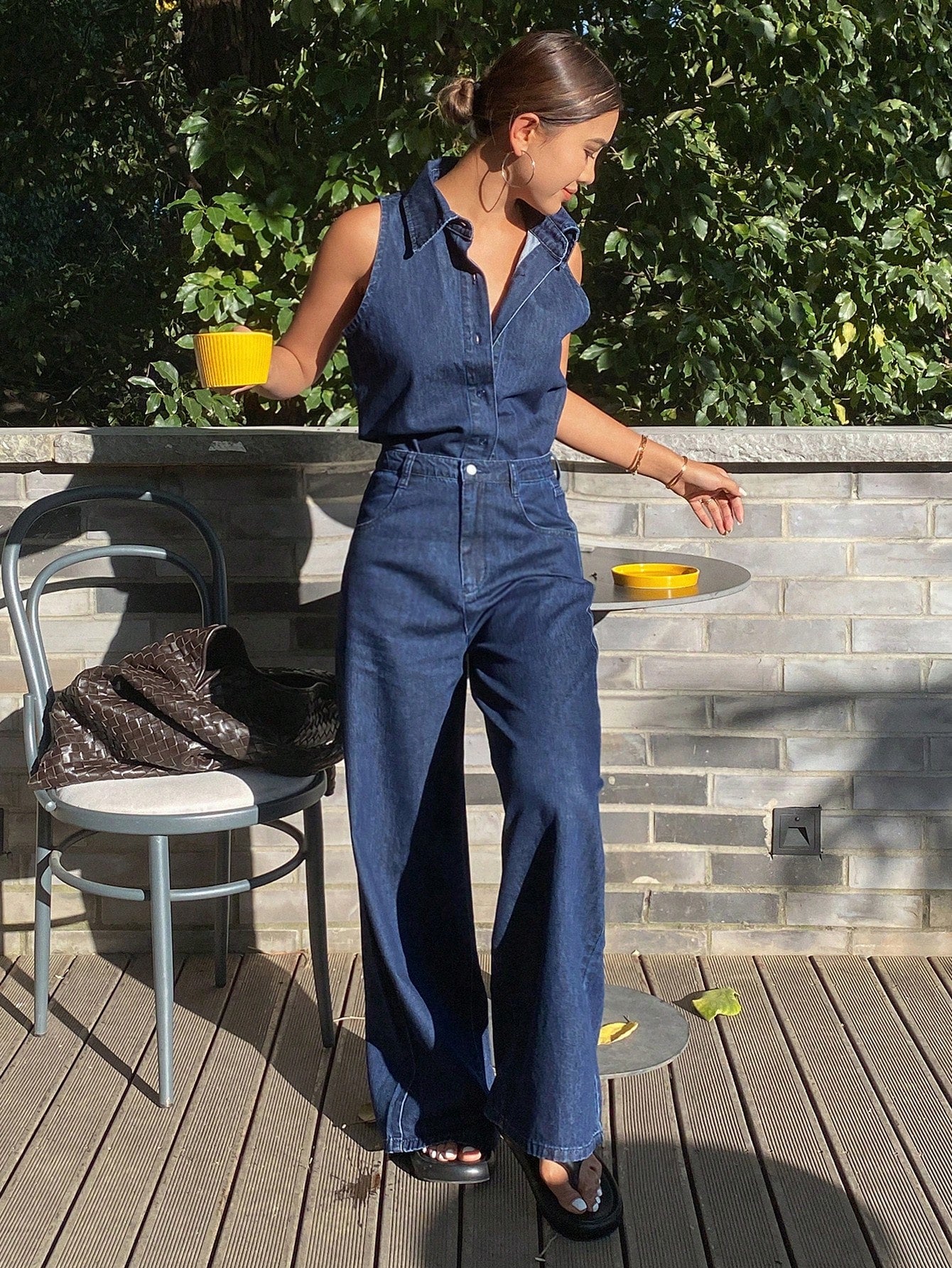 CM-SS198411 Women Casual Seoul Style Dark Wash Sleeveless Shirt With Extra Long Denim Pants - Set