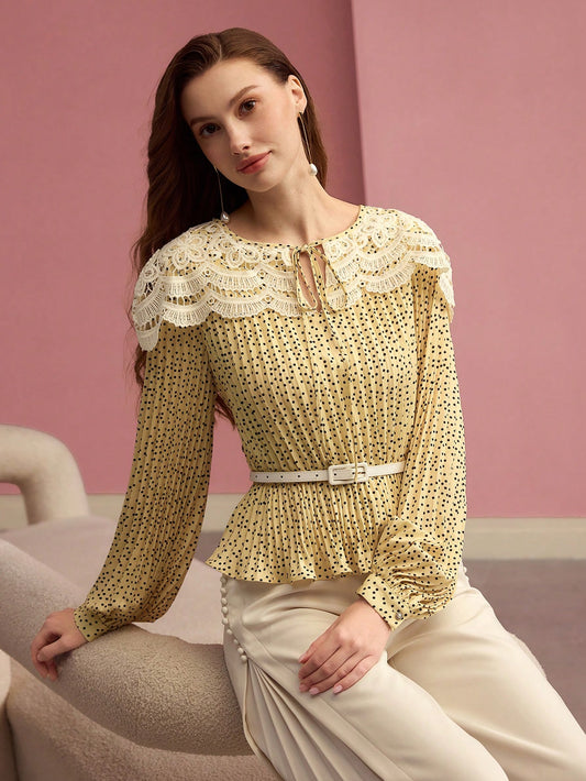 CM-TS320620 Women Elegant Seoul Style Tie Neck Long Sleeve Contrast Lace Polka Dot Pleated Blouse - Yellow