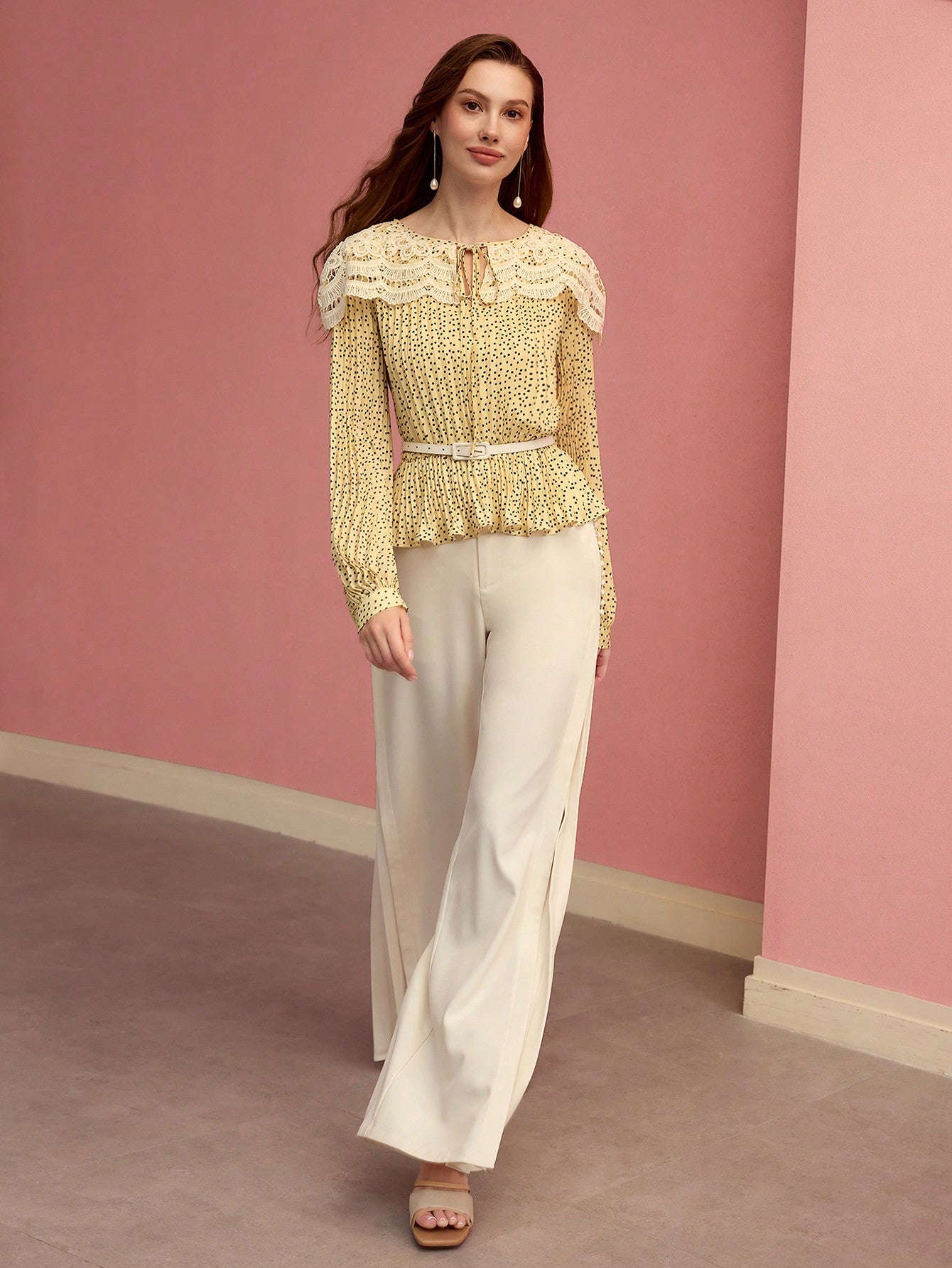 CM-TS320620 Women Elegant Seoul Style Tie Neck Long Sleeve Contrast Lace Polka Dot Pleated Blouse - Yellow