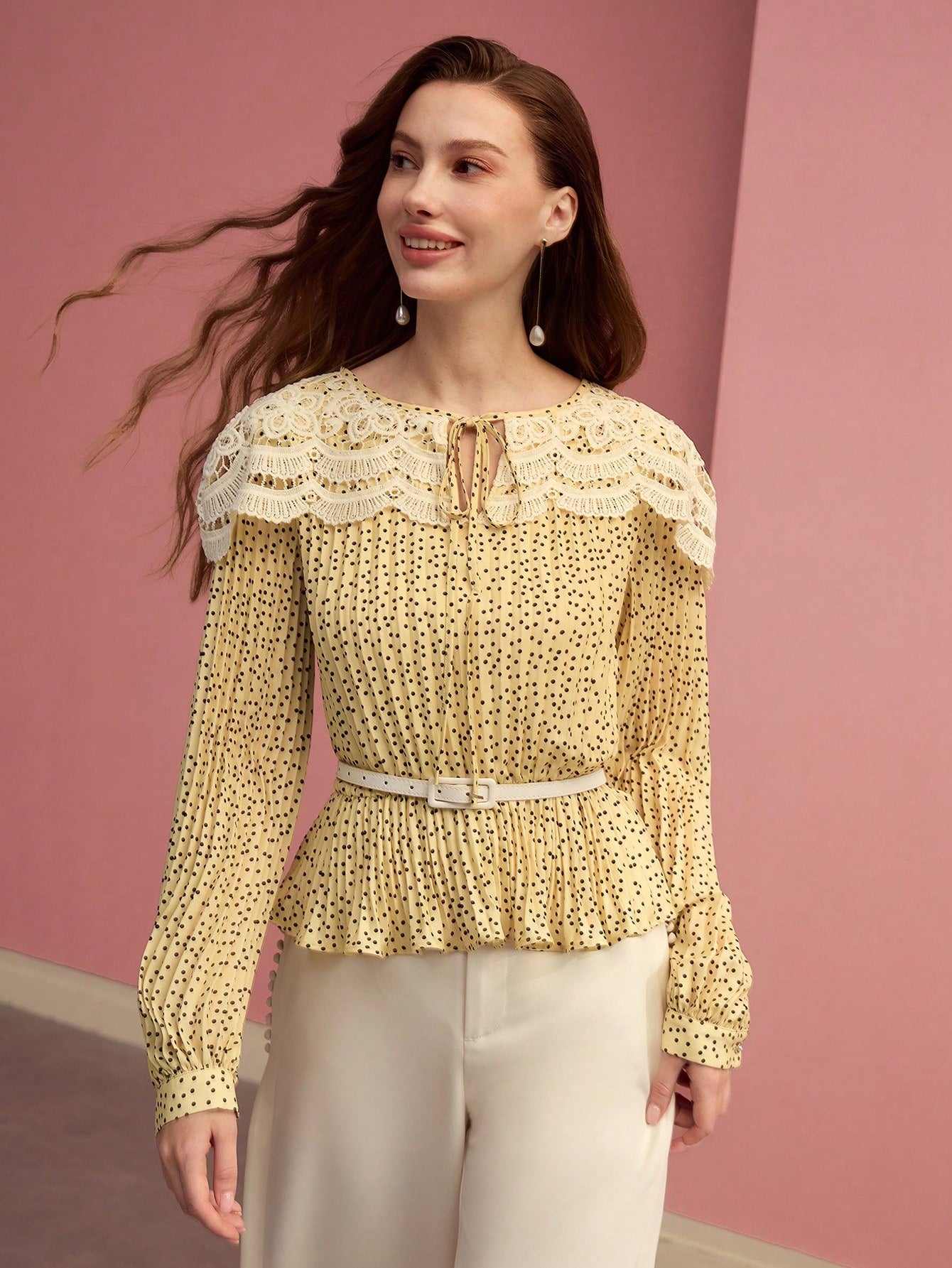 CM-TS320620 Women Elegant Seoul Style Tie Neck Long Sleeve Contrast Lace Polka Dot Pleated Blouse - Yellow