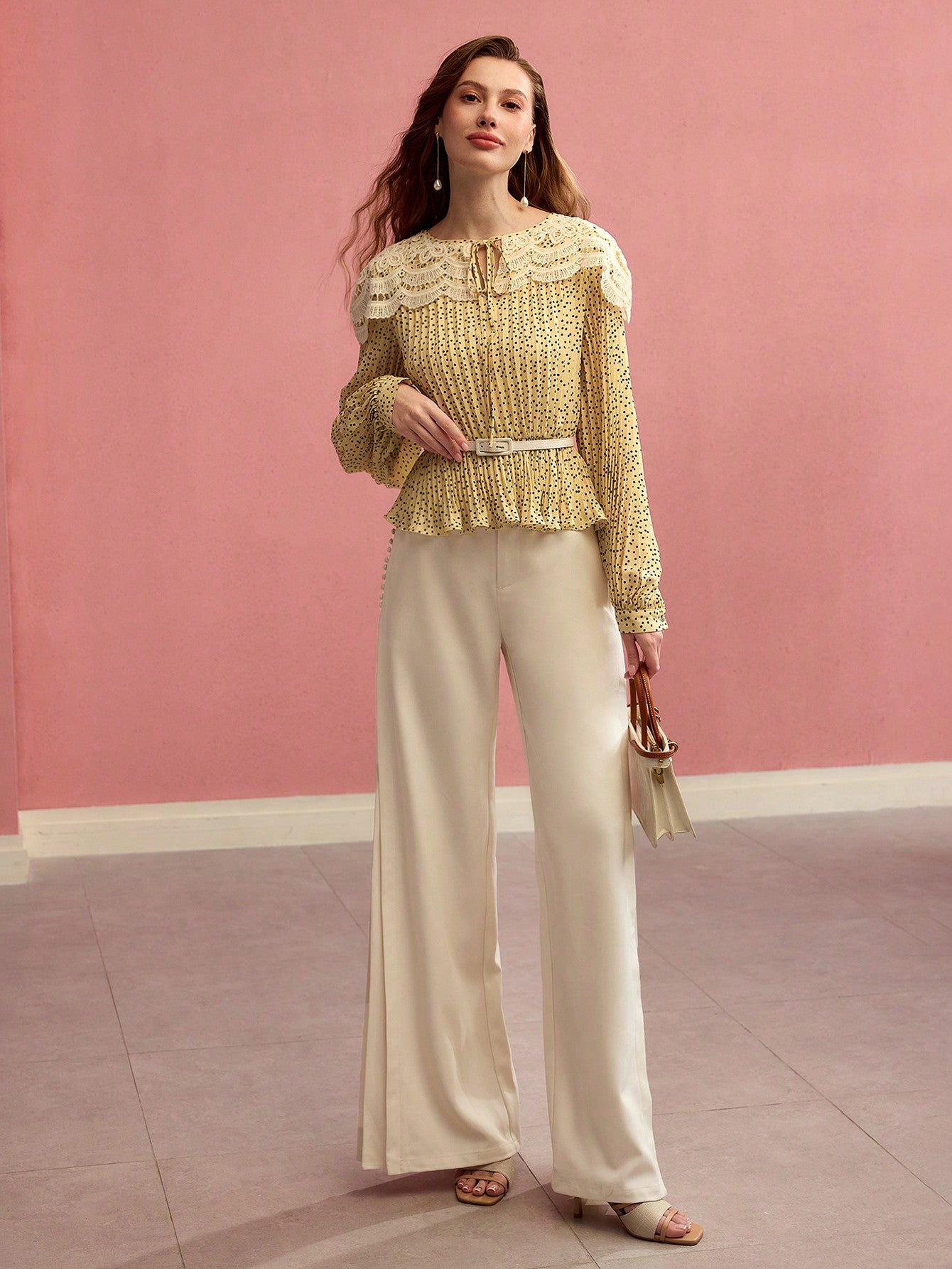 CM-TS320620 Women Elegant Seoul Style Tie Neck Long Sleeve Contrast Lace Polka Dot Pleated Blouse - Yellow