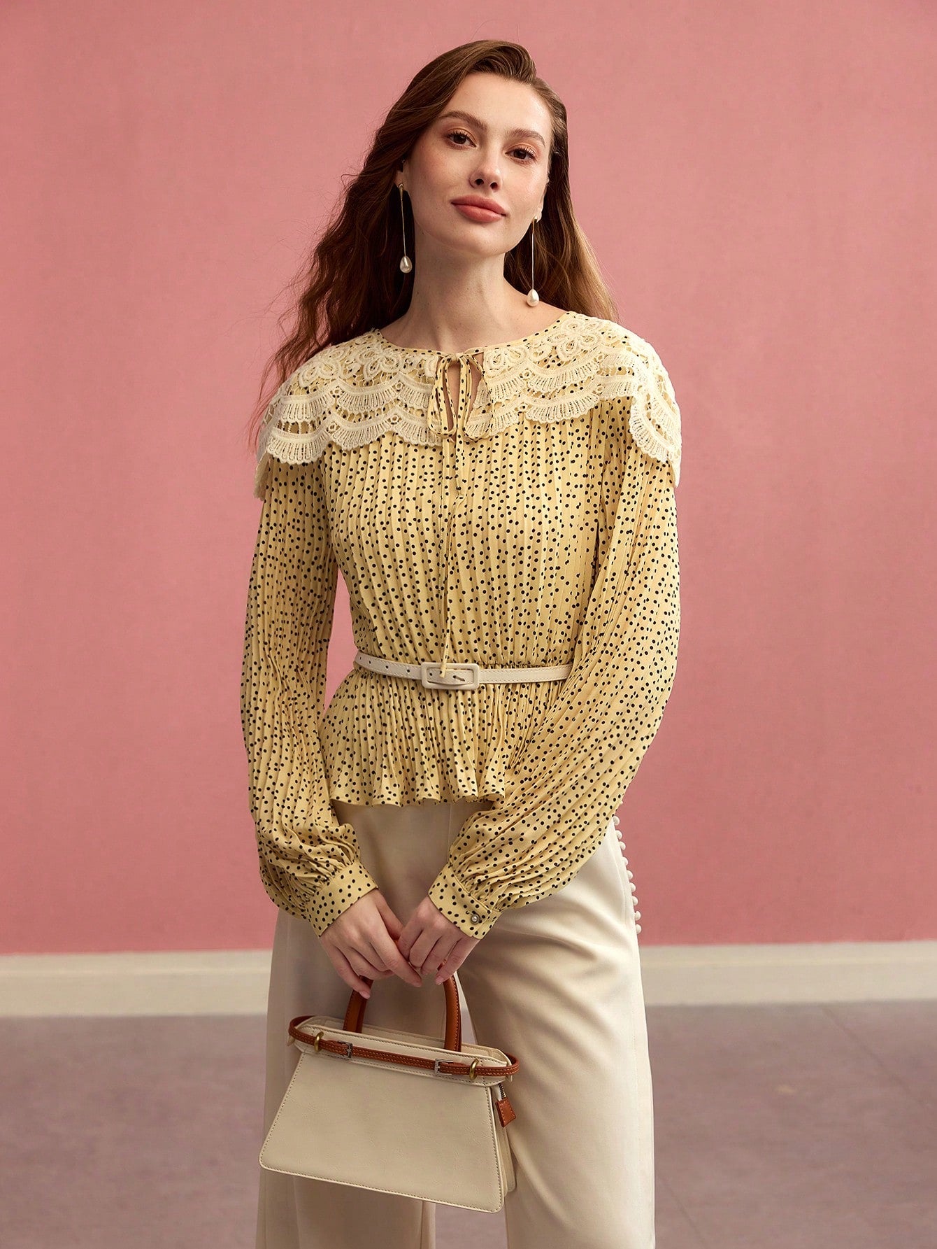 CM-TS320620 Women Elegant Seoul Style Tie Neck Long Sleeve Contrast Lace Polka Dot Pleated Blouse - Yellow