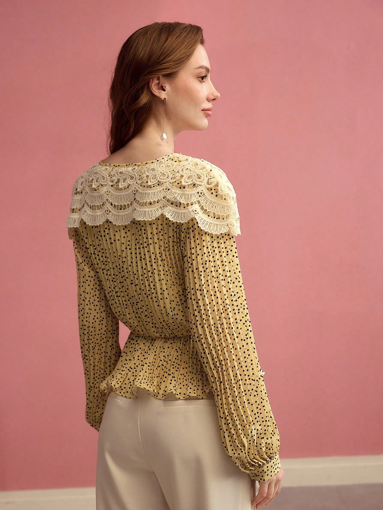 CM-TS320620 Women Elegant Seoul Style Tie Neck Long Sleeve Contrast Lace Polka Dot Pleated Blouse - Yellow