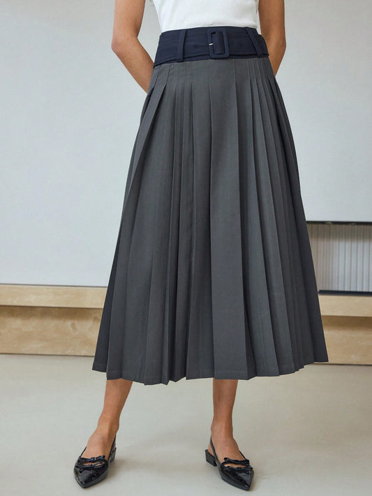 CM-BS068773 Women Elegant Seoul Style Mid Waist Colorblock Pleayed Belted Midi Skirt - Dark Gray