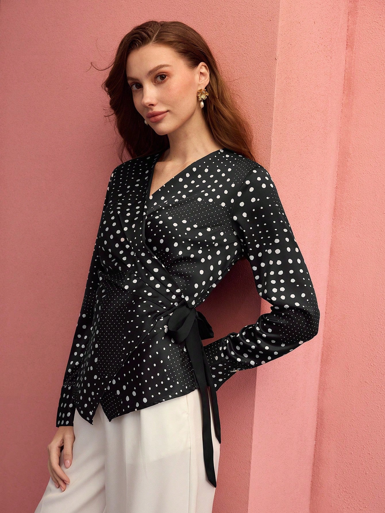 CM-TS270101 Women Elegant Seoul Style V-Neck Long Sleeve Polka Dot Wrap Tie Side Blouse