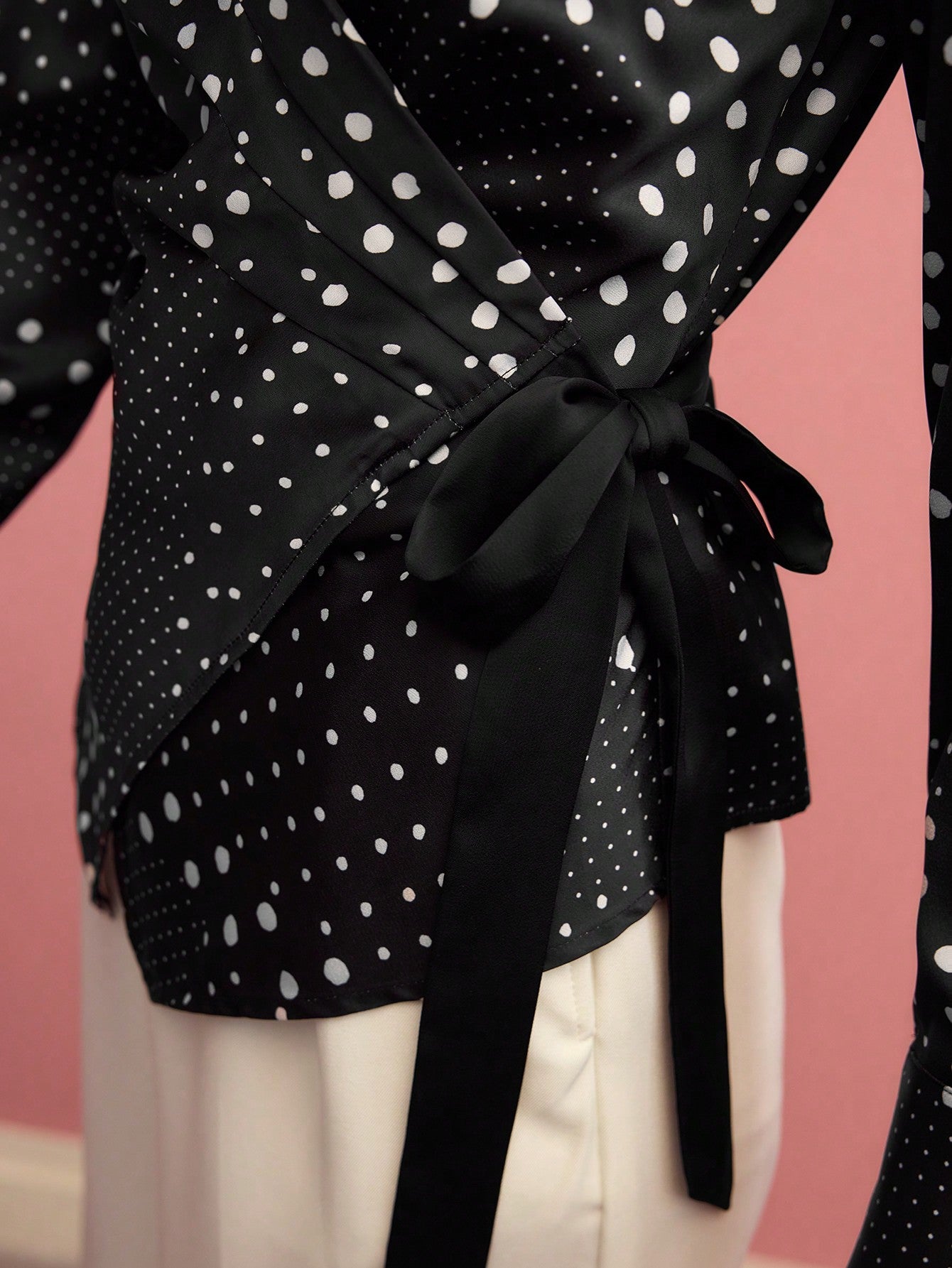 CM-TS270101 Women Elegant Seoul Style V-Neck Long Sleeve Polka Dot Wrap Tie Side Blouse