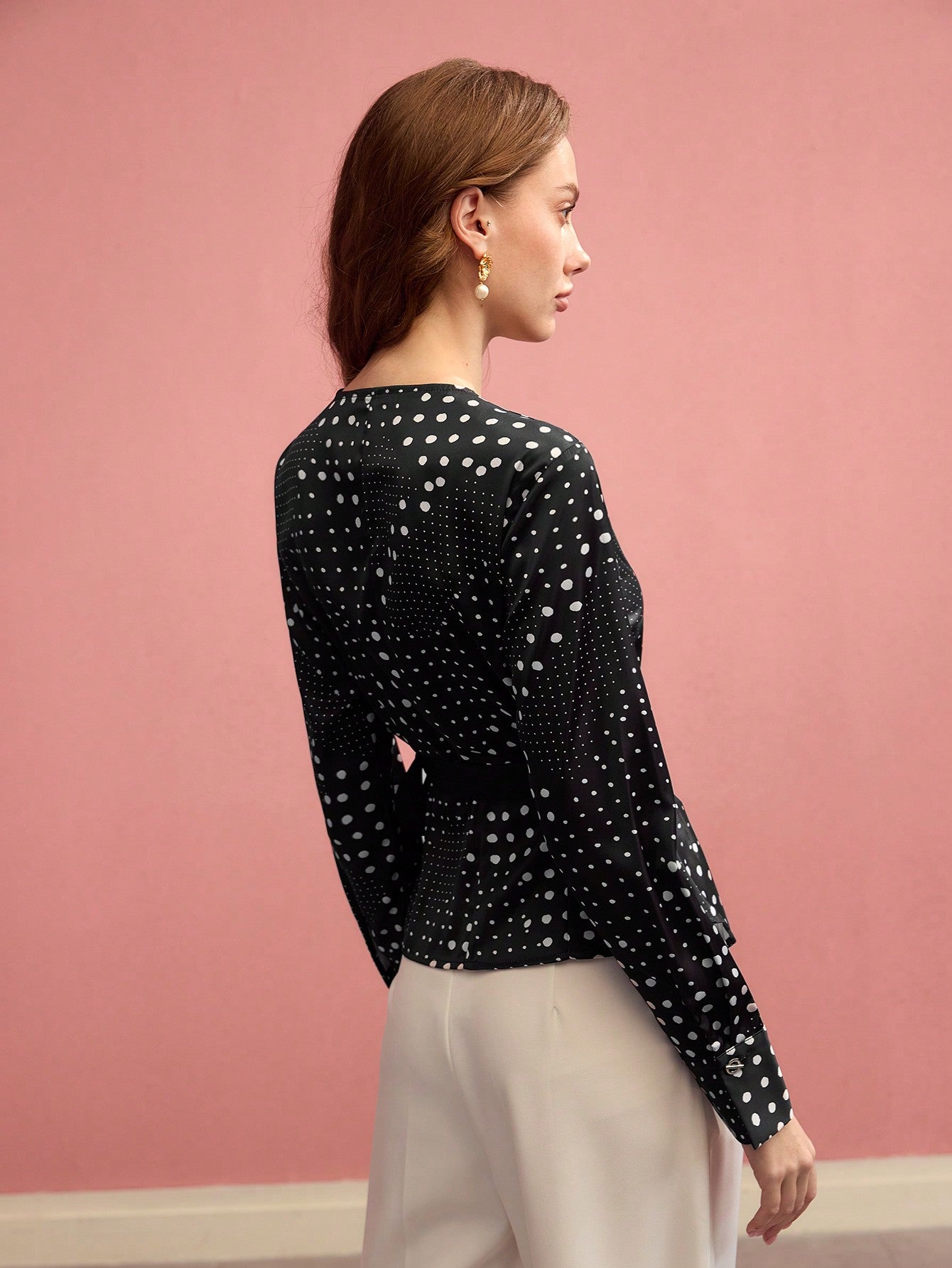 CM-TS270101 Women Elegant Seoul Style V-Neck Long Sleeve Polka Dot Wrap Tie Side Blouse