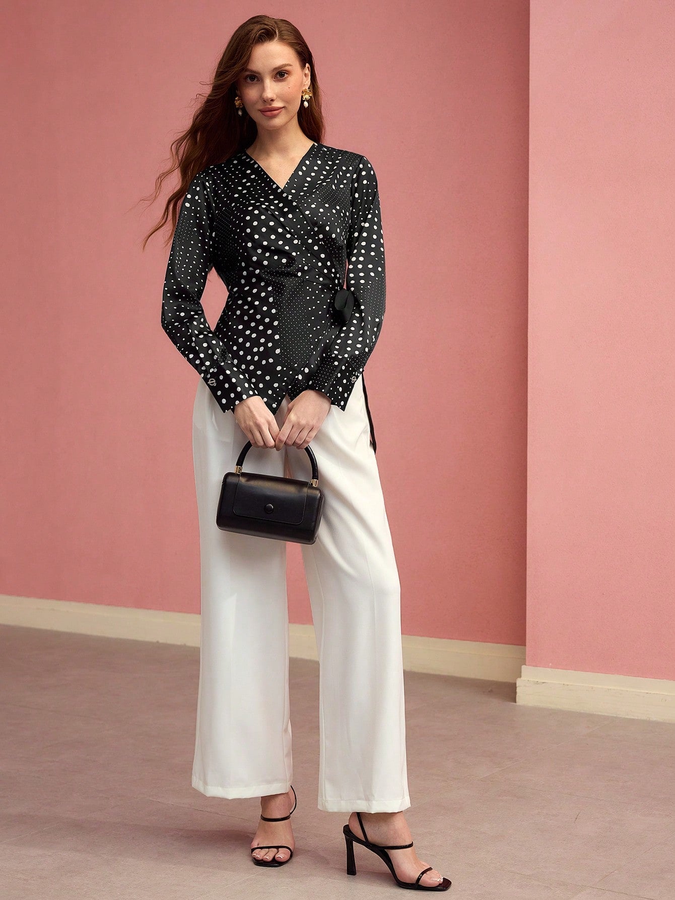 CM-TS270101 Women Elegant Seoul Style V-Neck Long Sleeve Polka Dot Wrap Tie Side Blouse