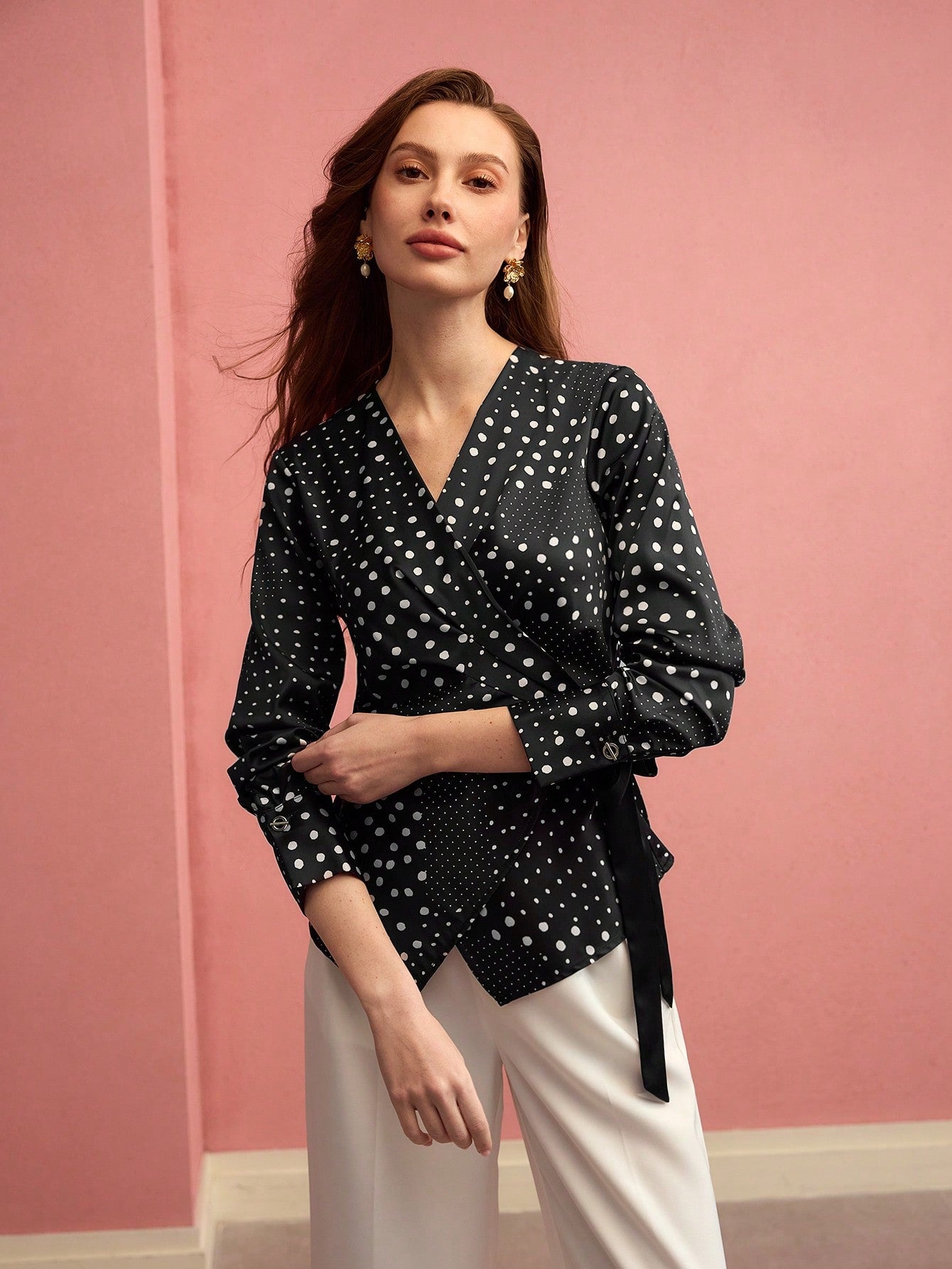 CM-TS270101 Women Elegant Seoul Style V-Neck Long Sleeve Polka Dot Wrap Tie Side Blouse