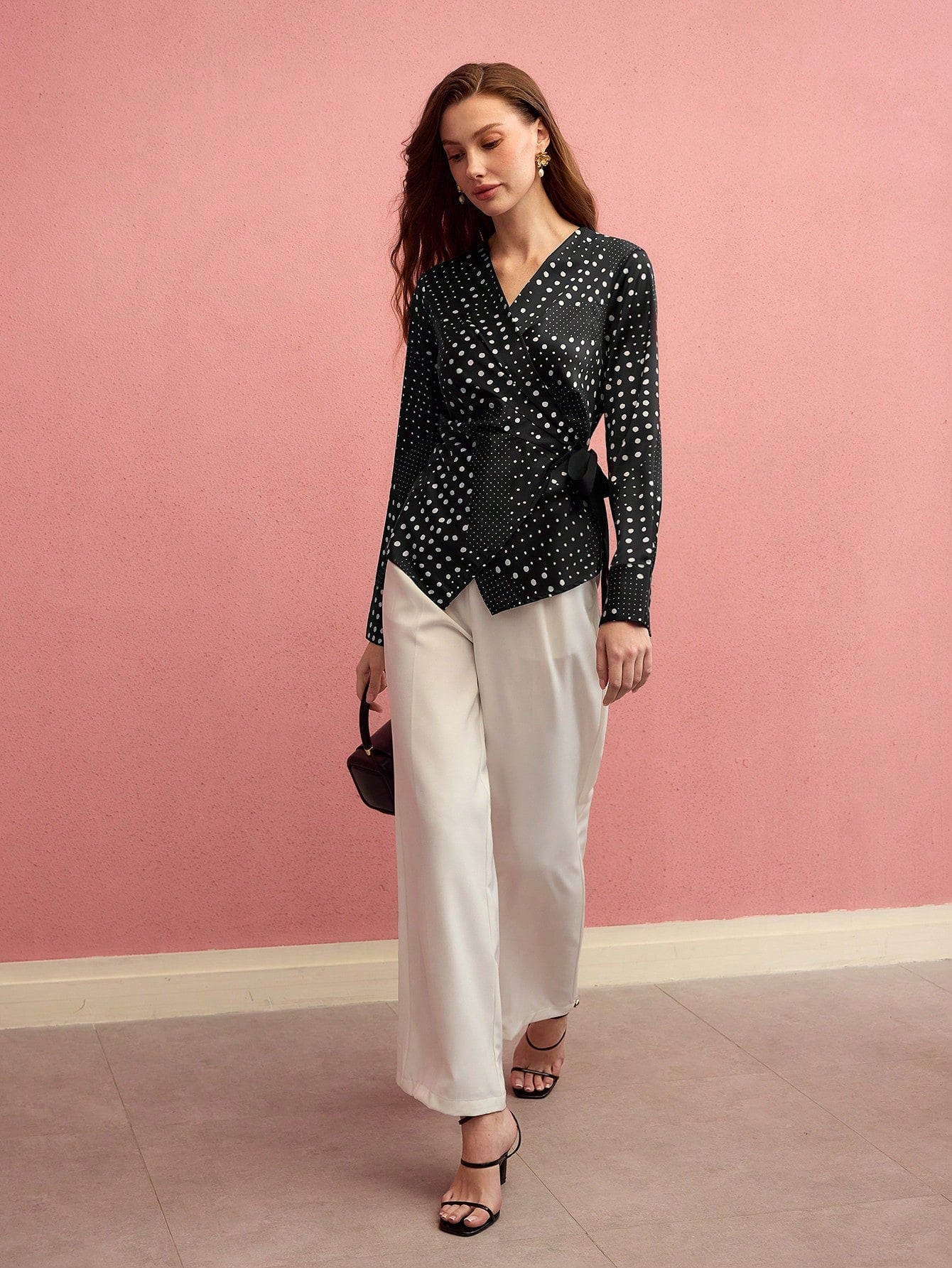 CM-TS270101 Women Elegant Seoul Style V-Neck Long Sleeve Polka Dot Wrap Tie Side Blouse