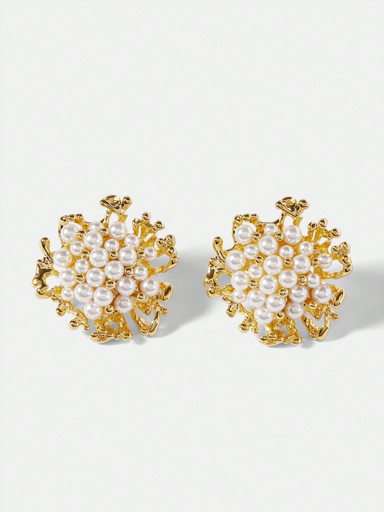 CM-AXS321263 Women Trendy Seoul Style 18K Gold Plated Coral Pattern Faux Pearl Stud Earrings