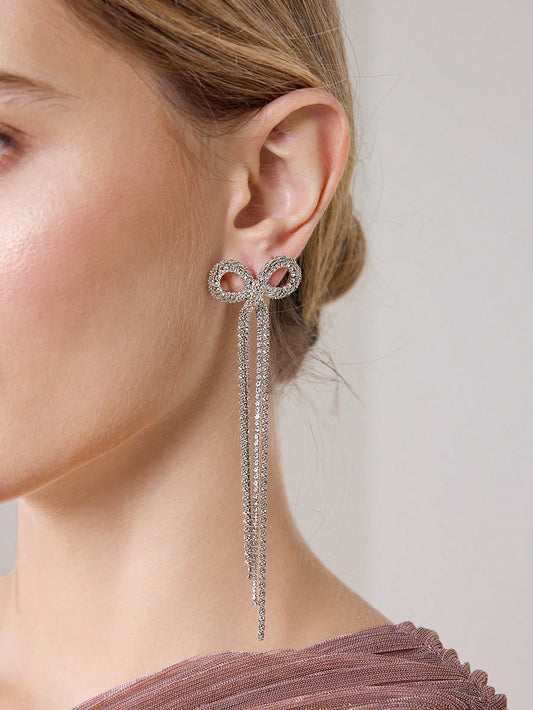 CM-AXS961143 Women Trendy Seoul Style Long Chain Tassel Zirconia Bow Dangle Earrings - Silver