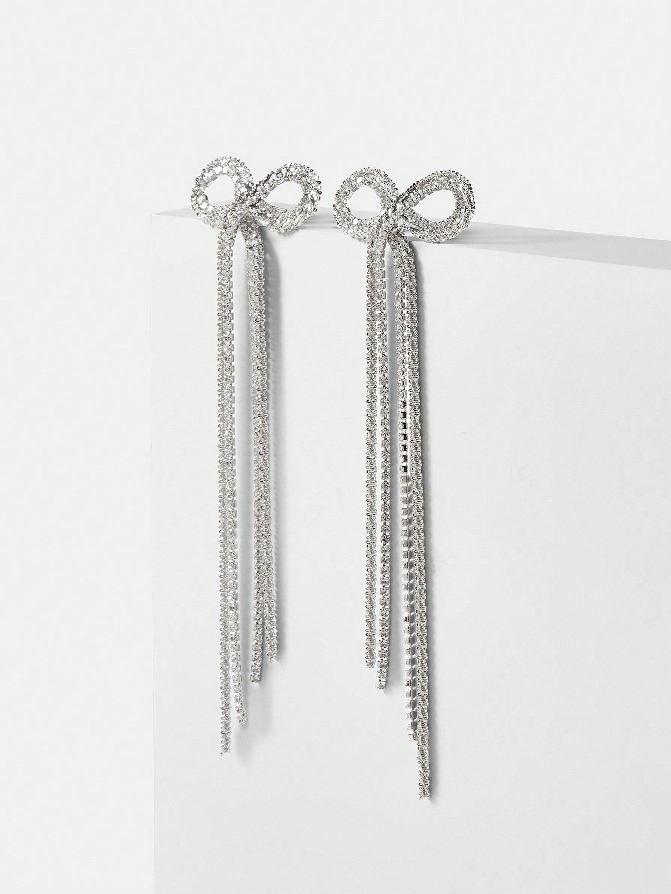 CM-AXS961143 Women Trendy Seoul Style Long Chain Tassel Zirconia Bow Dangle Earrings - Silver