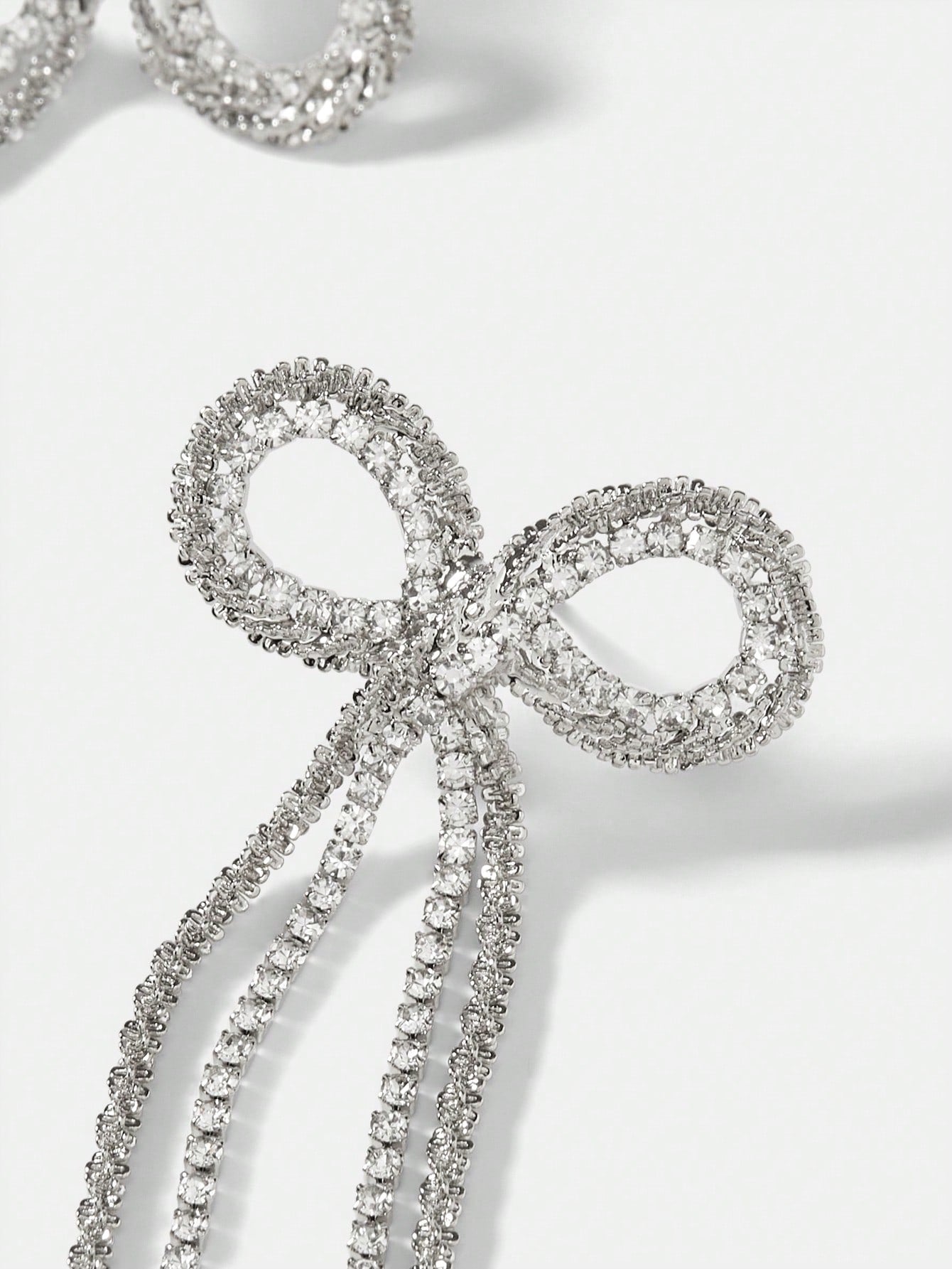 CM-AXS961143 Women Trendy Seoul Style Long Chain Tassel Zirconia Bow Dangle Earrings - Silver