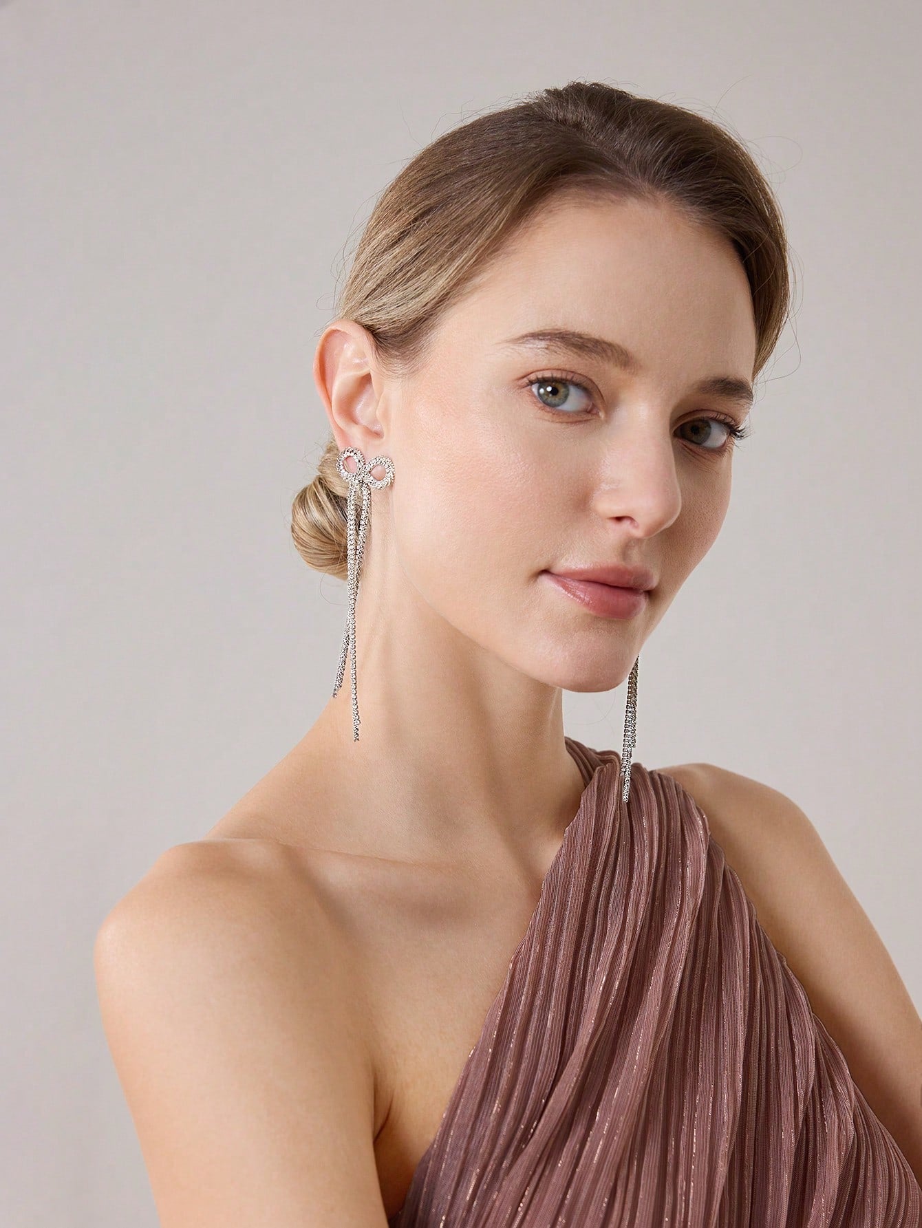 CM-AXS961143 Women Trendy Seoul Style Long Chain Tassel Zirconia Bow Dangle Earrings - Silver