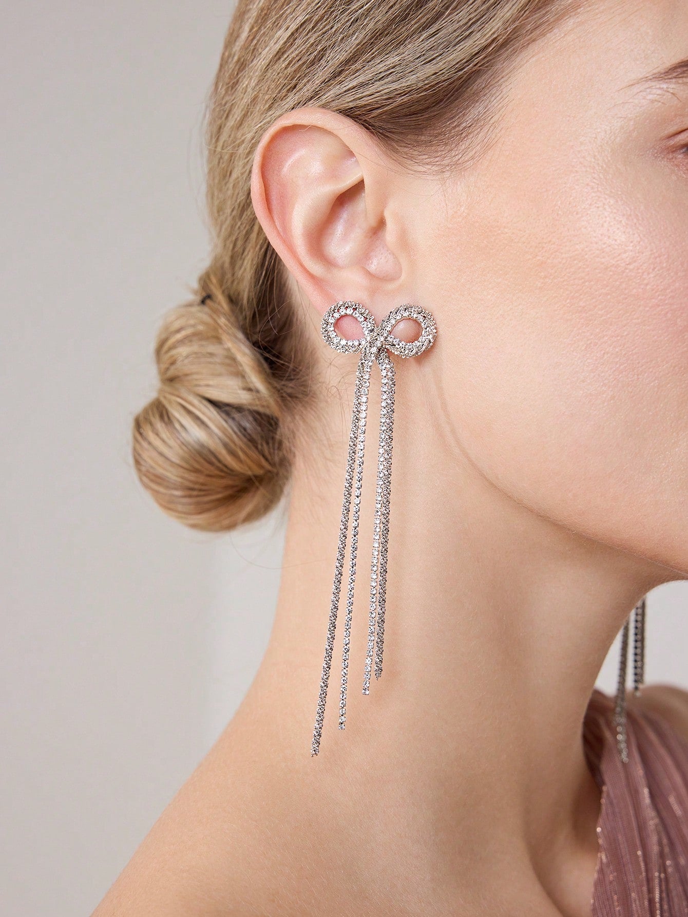 CM-AXS961143 Women Trendy Seoul Style Long Chain Tassel Zirconia Bow Dangle Earrings - Silver