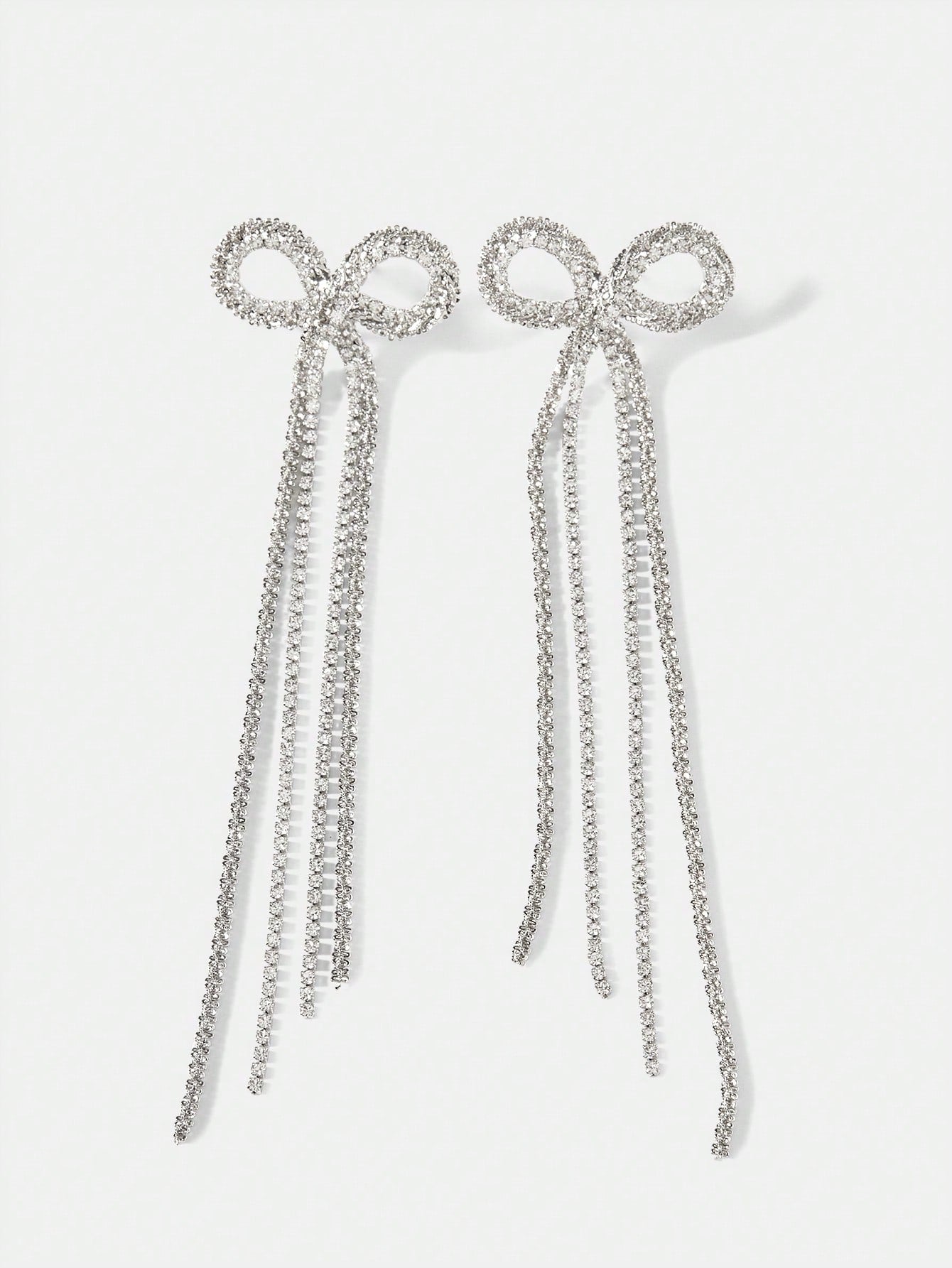 CM-AXS961143 Women Trendy Seoul Style Long Chain Tassel Zirconia Bow Dangle Earrings - Silver